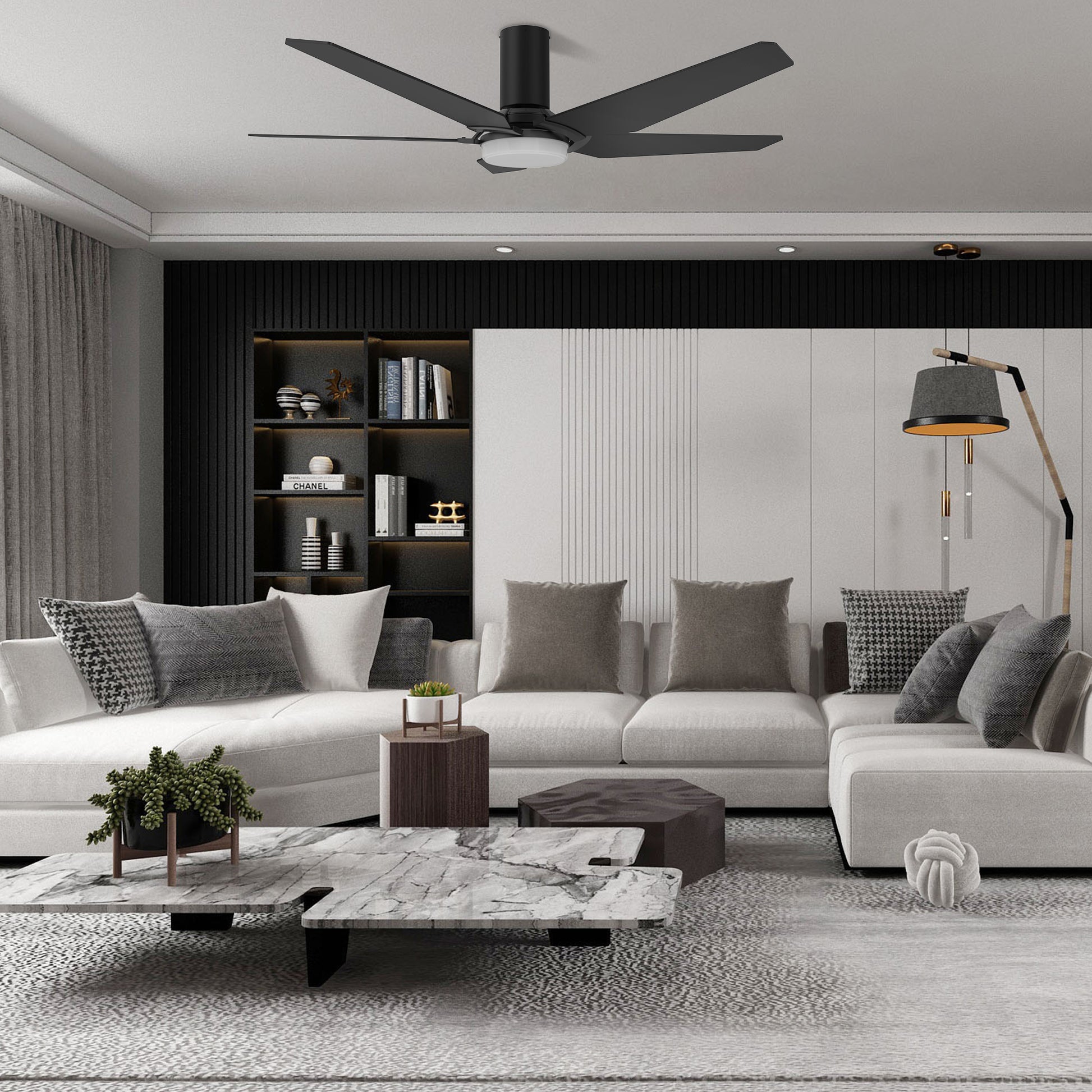 Carro Home WOODROW 52 inch Flush Mount 5-Blade Smart Ceiling Fan with LED Light Kit & Remote - Black/Black Fan Blades