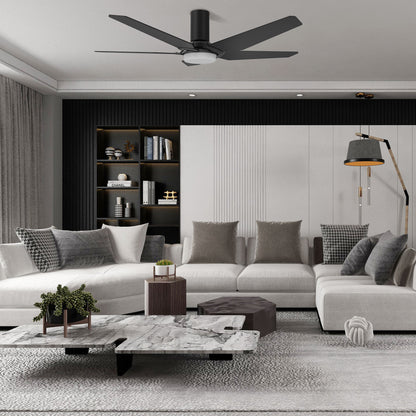 Carro Home WOODROW 52 inch Flush Mount 5-Blade Smart Ceiling Fan with LED Light Kit & Remote - Black/Black Fan Blades