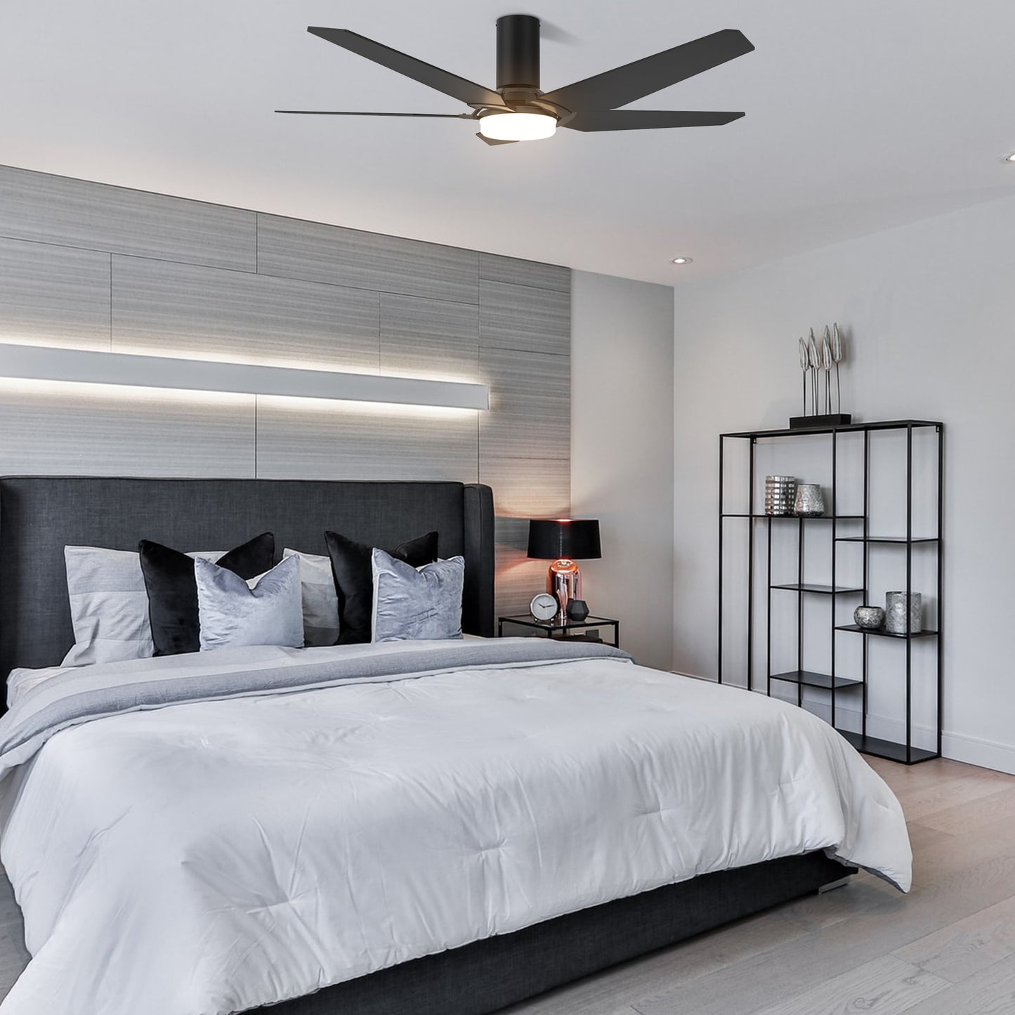 Carro Home WOODROW 52 inch Flush Mount 5-Blade Smart Ceiling Fan with LED Light Kit & Remote - Black/Black Fan Blades