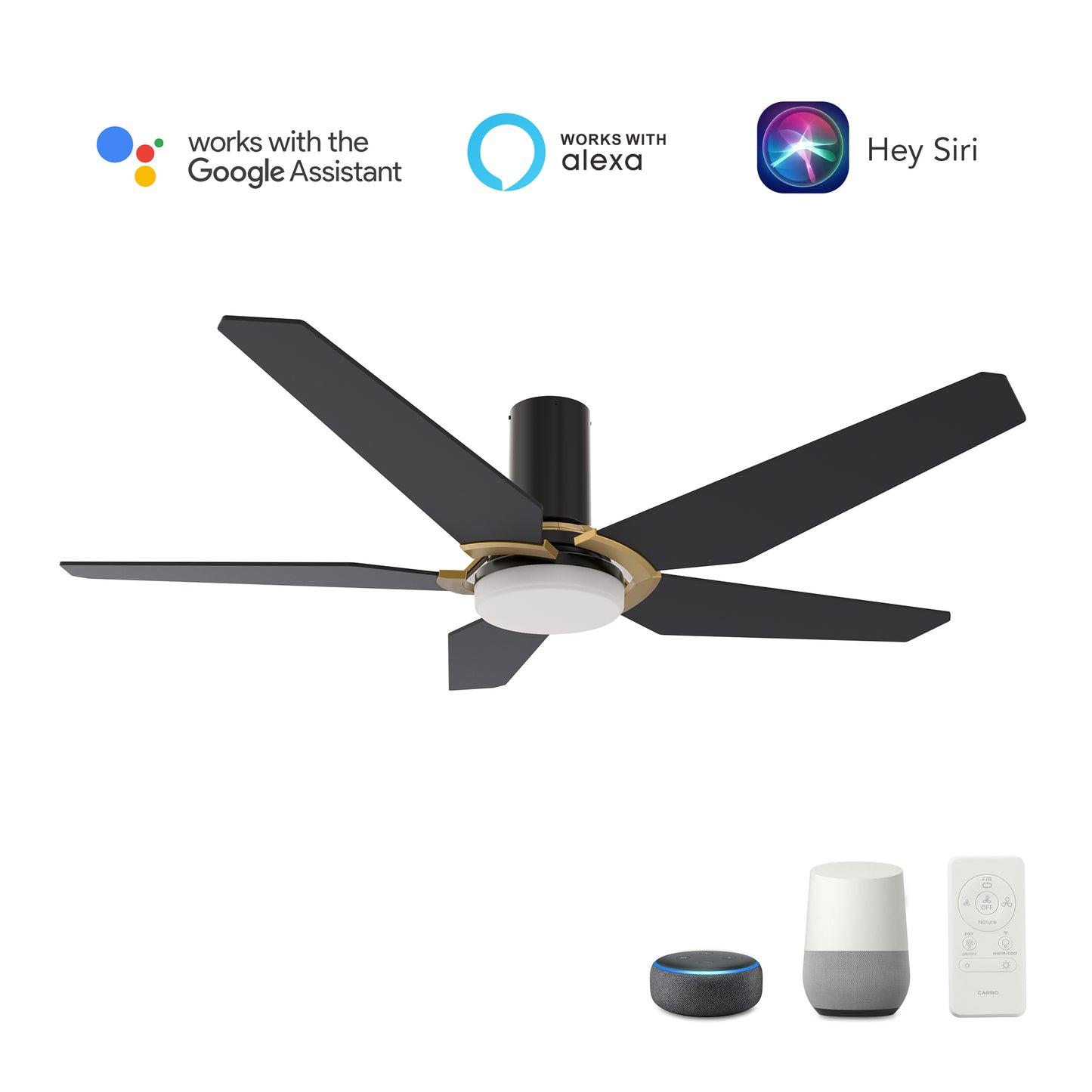 Carro WOODROW 52 inch 5-Blade Flush Mount Smart Ceiling Fan with LED Light Kit & Remote - Black/Black (Gold Detail)