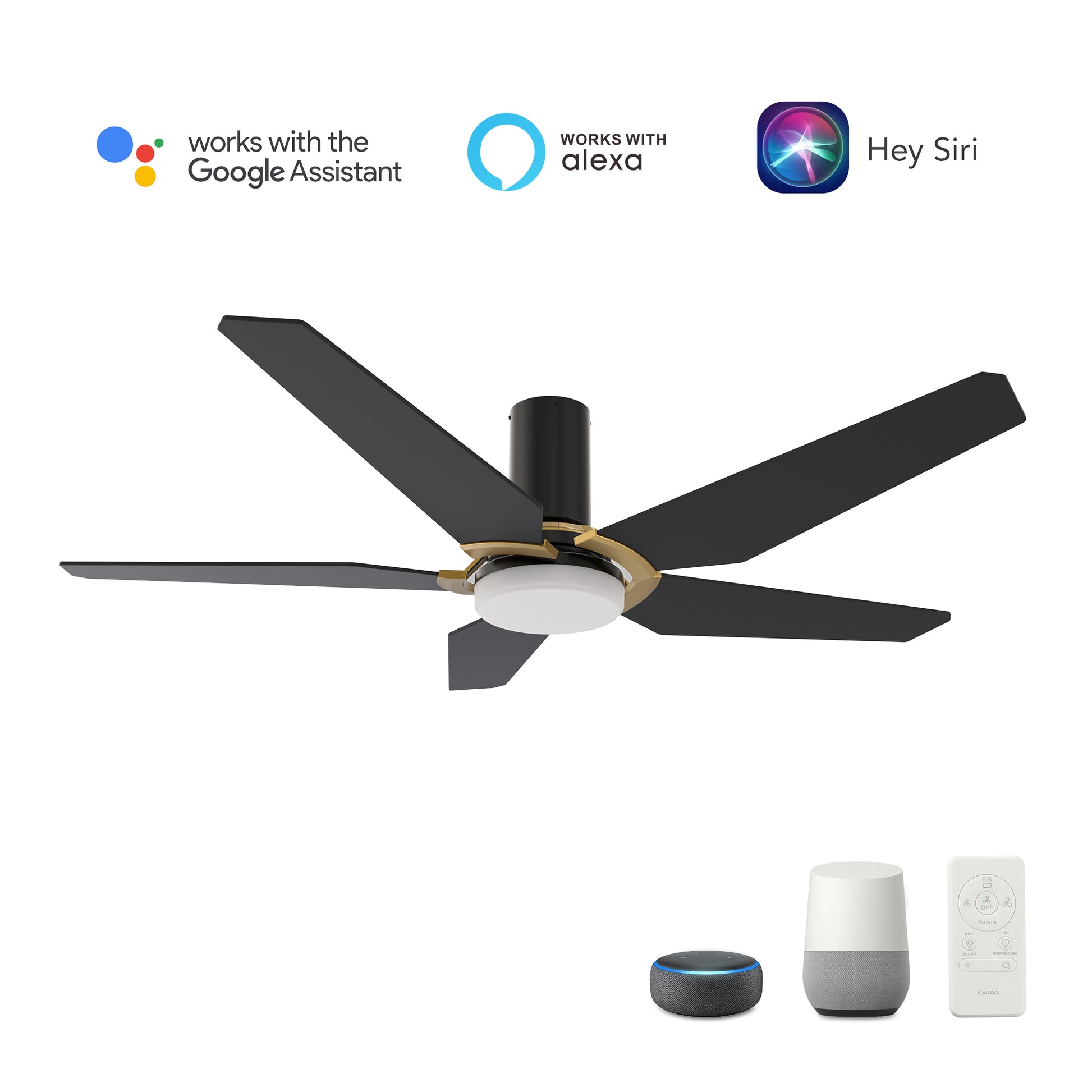 Carro WOODROW 52 inch 5-Blade Flush Mount Smart Ceiling Fan with LED Light Kit & Remote - Black/Black (Gold Detail)