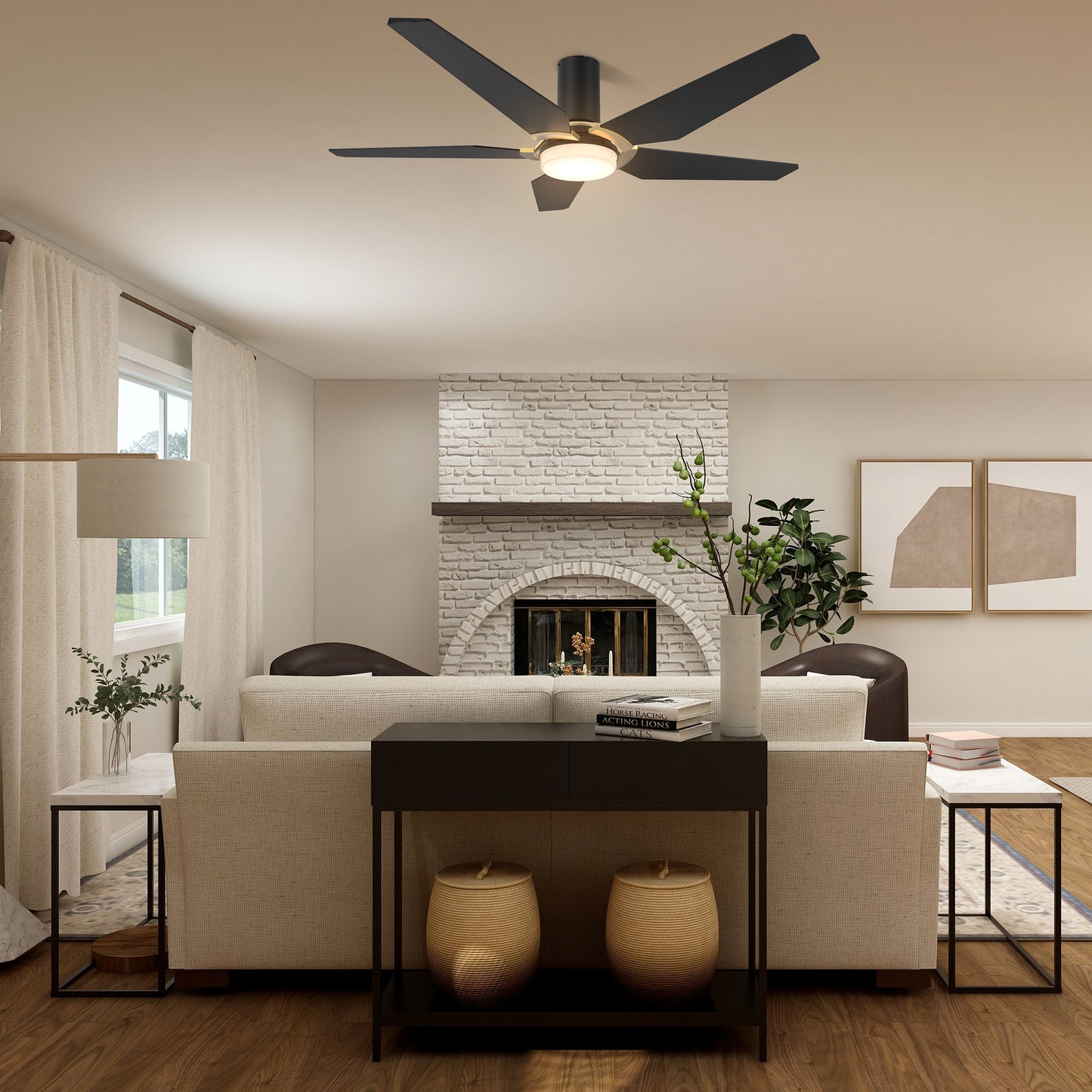 Carro WOODROW 52 inch 5-Blade Flush Mount Smart Ceiling Fan with LED Light Kit & Remote - Black/Black (Gold Detail)