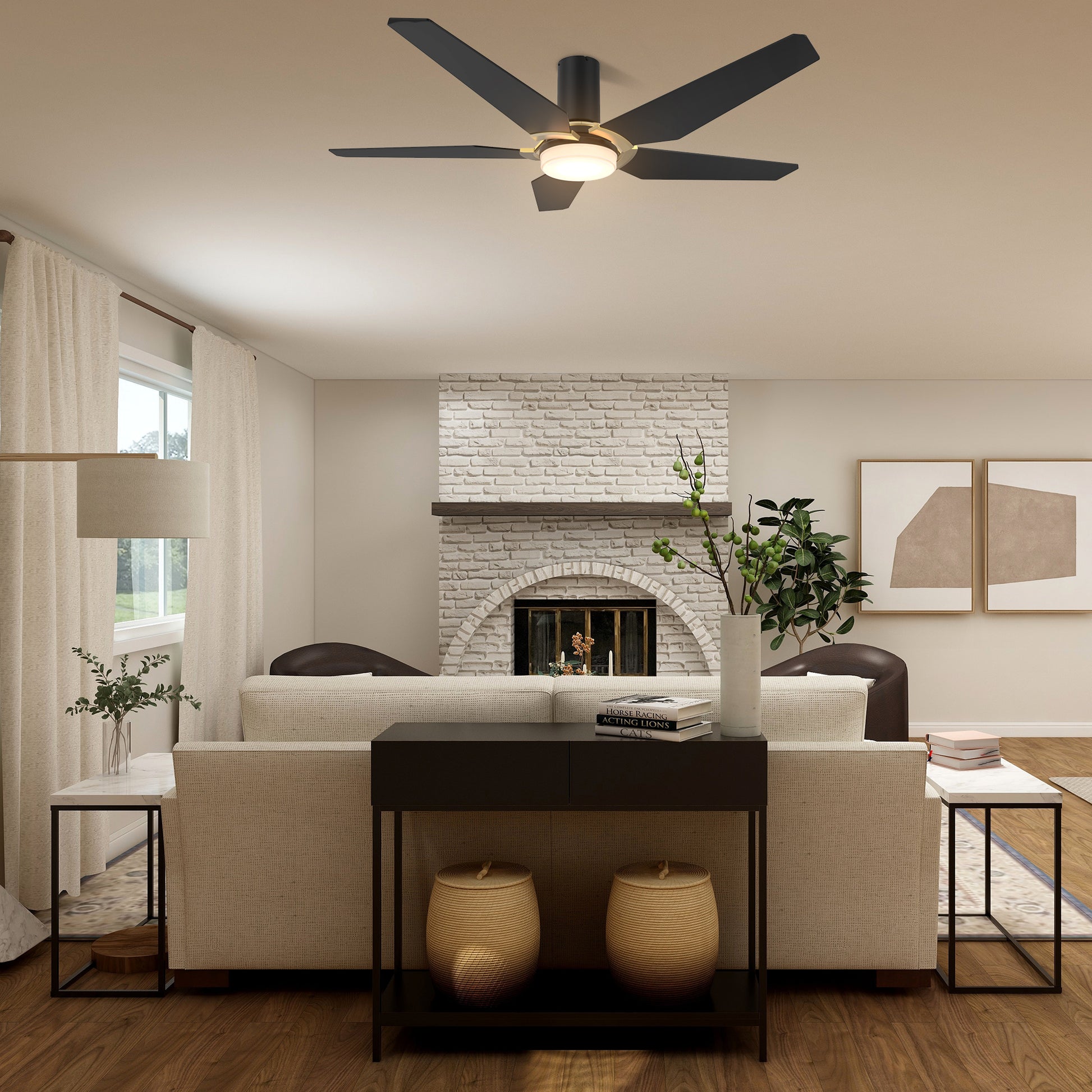 Carro WOODROW 52 inch 5-Blade Flush Mount Smart Ceiling Fan with LED Light Kit & Remote - Black/Black (Gold Detail)