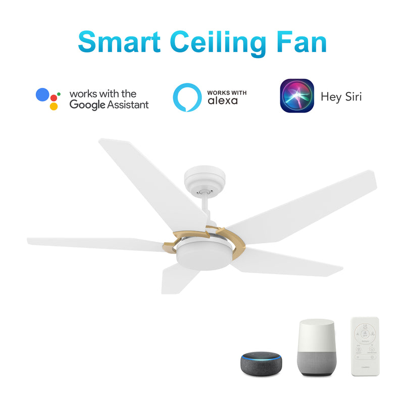 Carro WOODROW 52 inch 5-Blade Smart Ceiling Fan with LED Light Kit & Remote - White/White (Gold Detail)