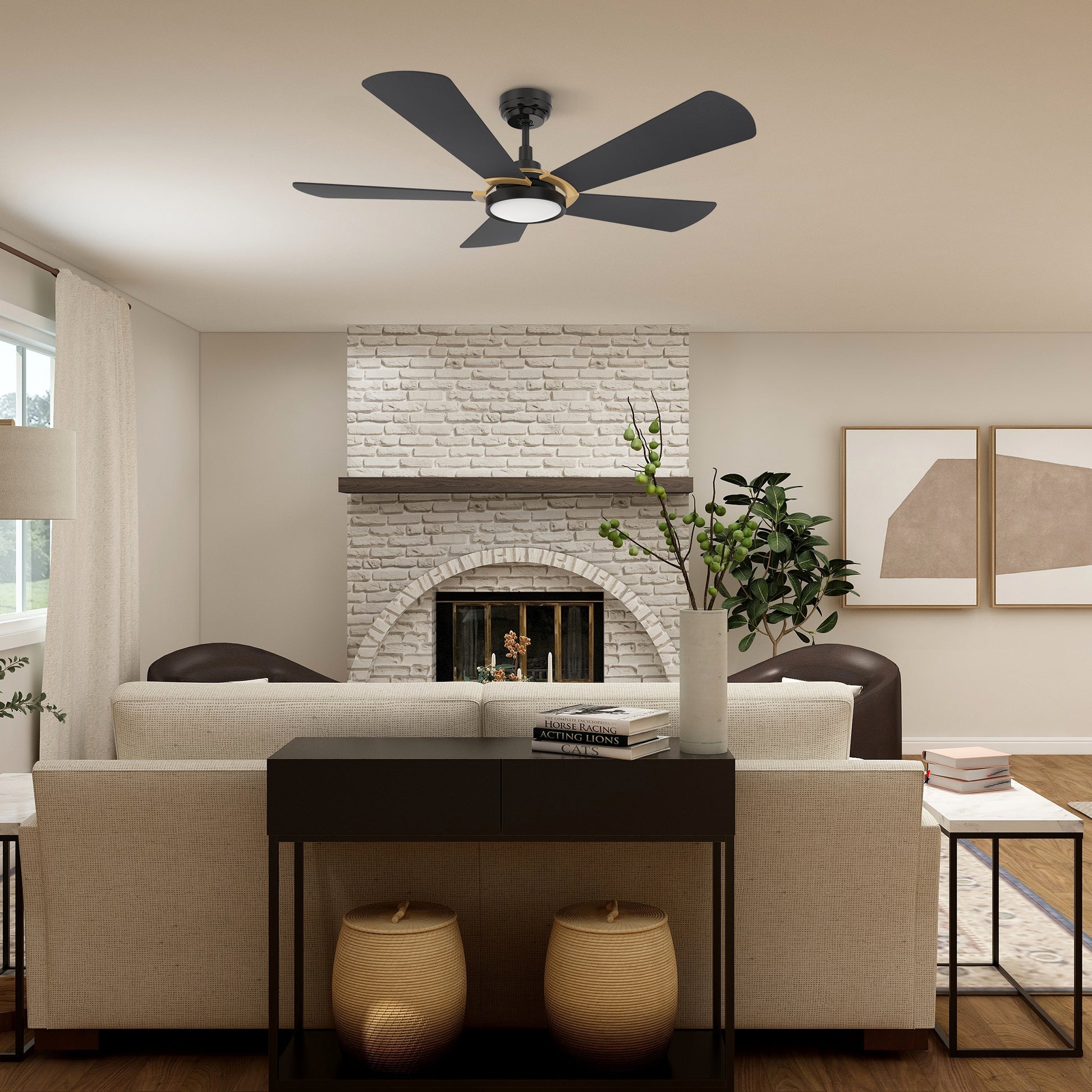 Carro WINSTON 52 inch 5-Blade Smart Ceiling Fan with LED Light Kit & Remote Control- Black/Black (Gold Detail)