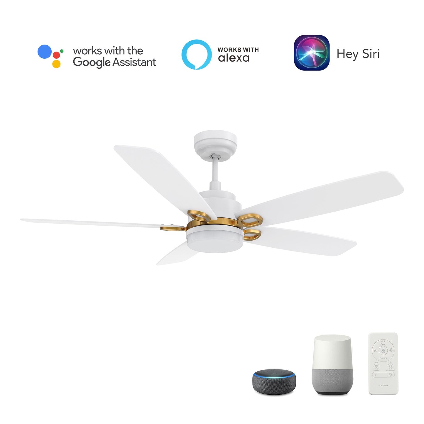 Carro PEYTON 52 inch 5-Blade Smart Ceiling Fan with LED Light Kit & Remote Control- White/White (Gold Details)
