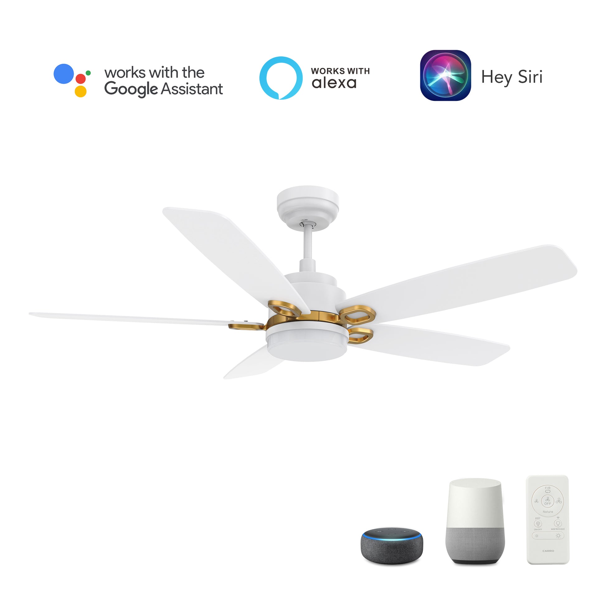Carro PEYTON 52 inch 5-Blade Smart Ceiling Fan with LED Light Kit & Remote Control- White/White (Gold Details)