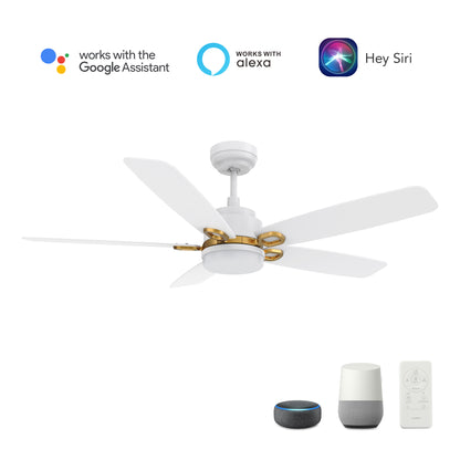 Carro PEYTON 52 inch 5-Blade Smart Ceiling Fan with LED Light Kit & Remote Control- White/White (Gold Details)