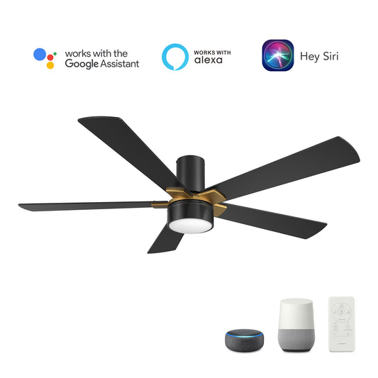 Carro USA WICHITA 52 inch 5-Blade Flush Mount Smart Ceiling Fan with LED Light Kit & Remote- Black/Black