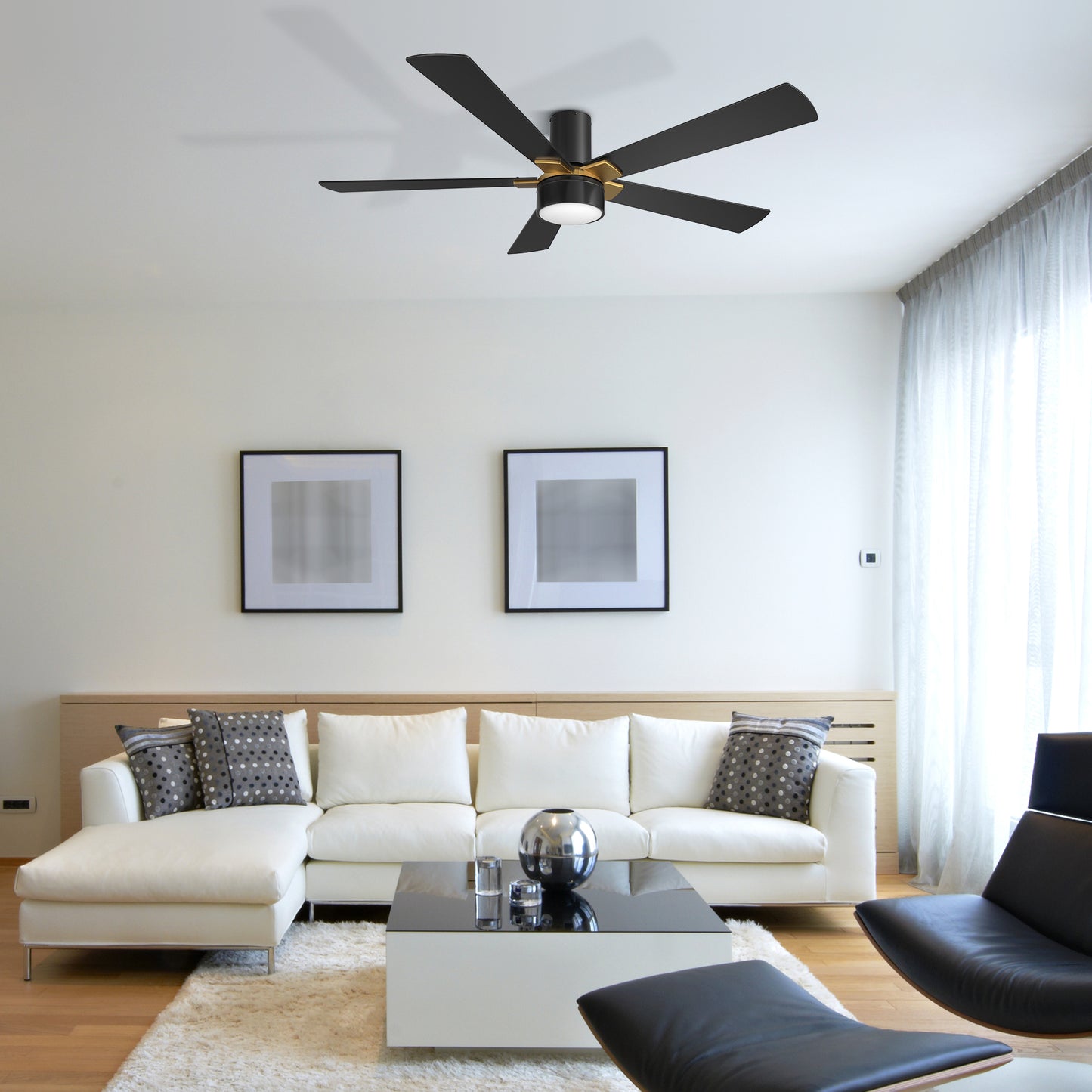 Carro USA WICHITA 52 inch 5-Blade Flush Mount Smart Ceiling Fan with LED Light Kit & Remote- Black/Black
