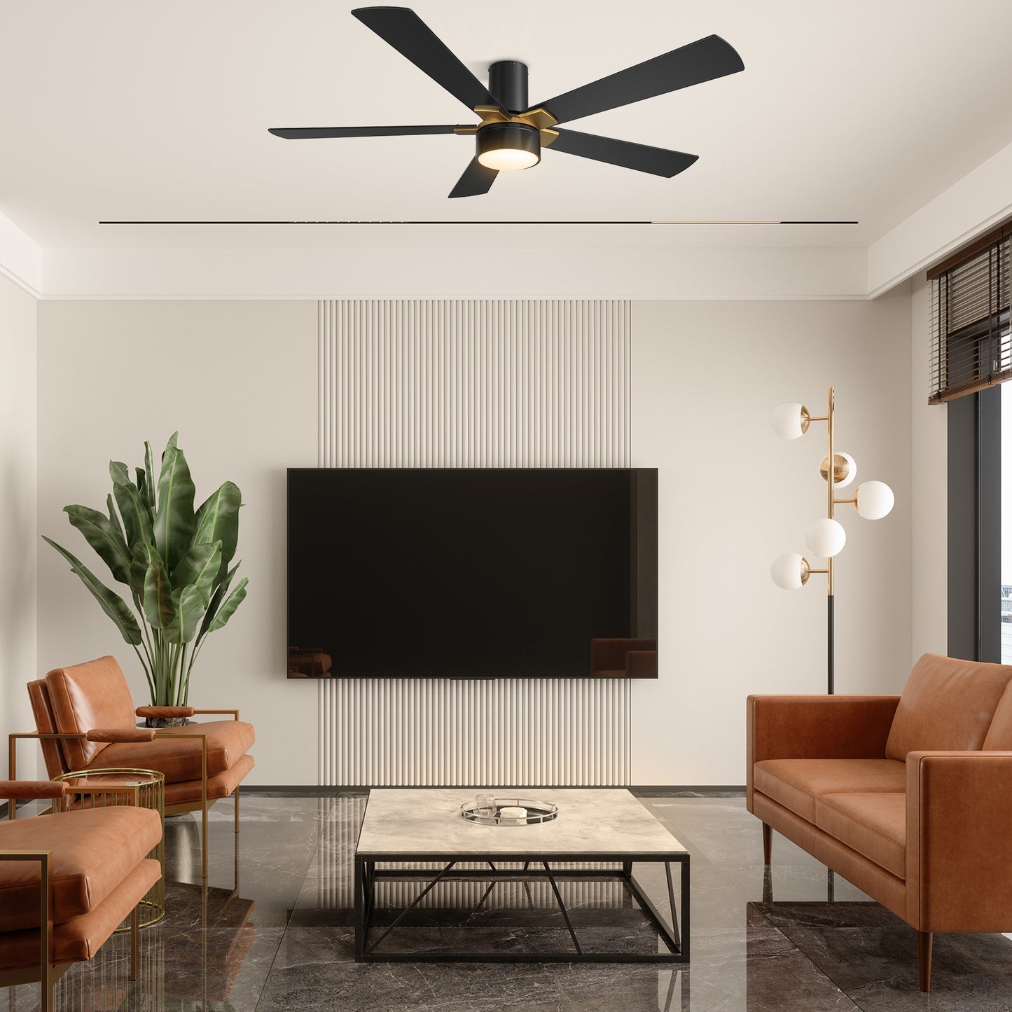 Carro USA WICHITA 52 inch 5-Blade Flush Mount Smart Ceiling Fan with LED Light Kit & Remote- Black/Black