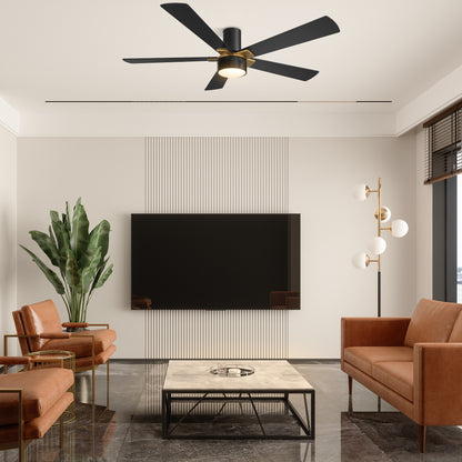 Carro USA WICHITA 52 inch 5-Blade Flush Mount Smart Ceiling Fan with LED Light Kit & Remote- Black/Black
