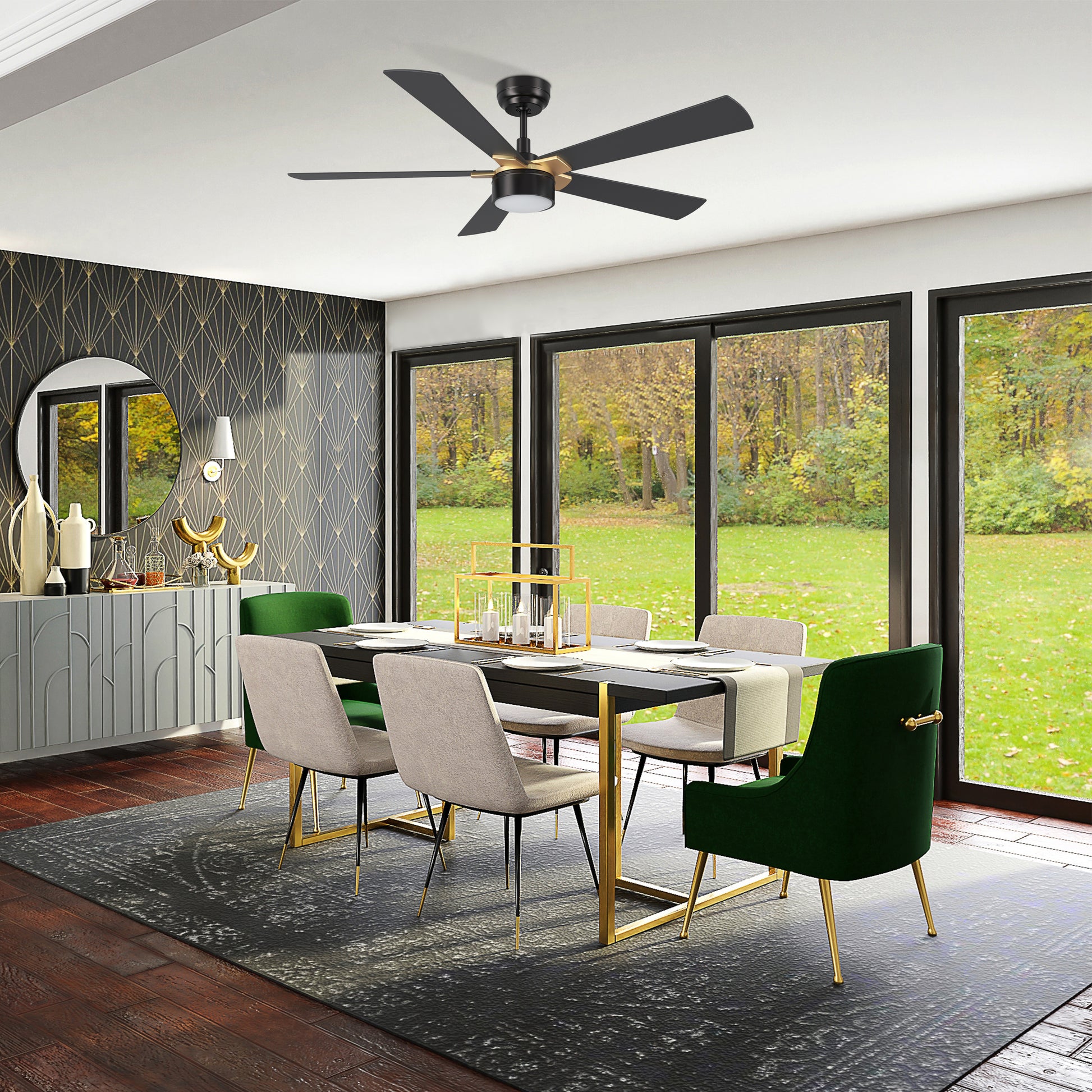 Carro STOCKTON 52 inch 5-Blade Smart Ceiling Fan with LED Light Kit & Remote Control- Black/Black (Gold Details)