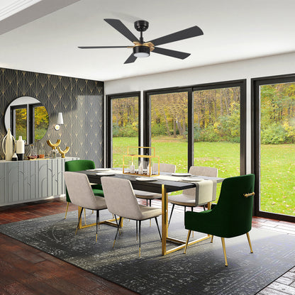 Carro STOCKTON 52 inch 5-Blade Smart Ceiling Fan with LED Light Kit & Remote Control- Black/Black (Gold Details)