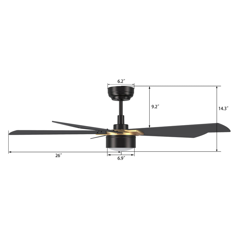 Carro STOCKTON 52 inch 5-Blade Smart Ceiling Fan with LED Light Kit & Remote Control- Black/Black (Gold Details)