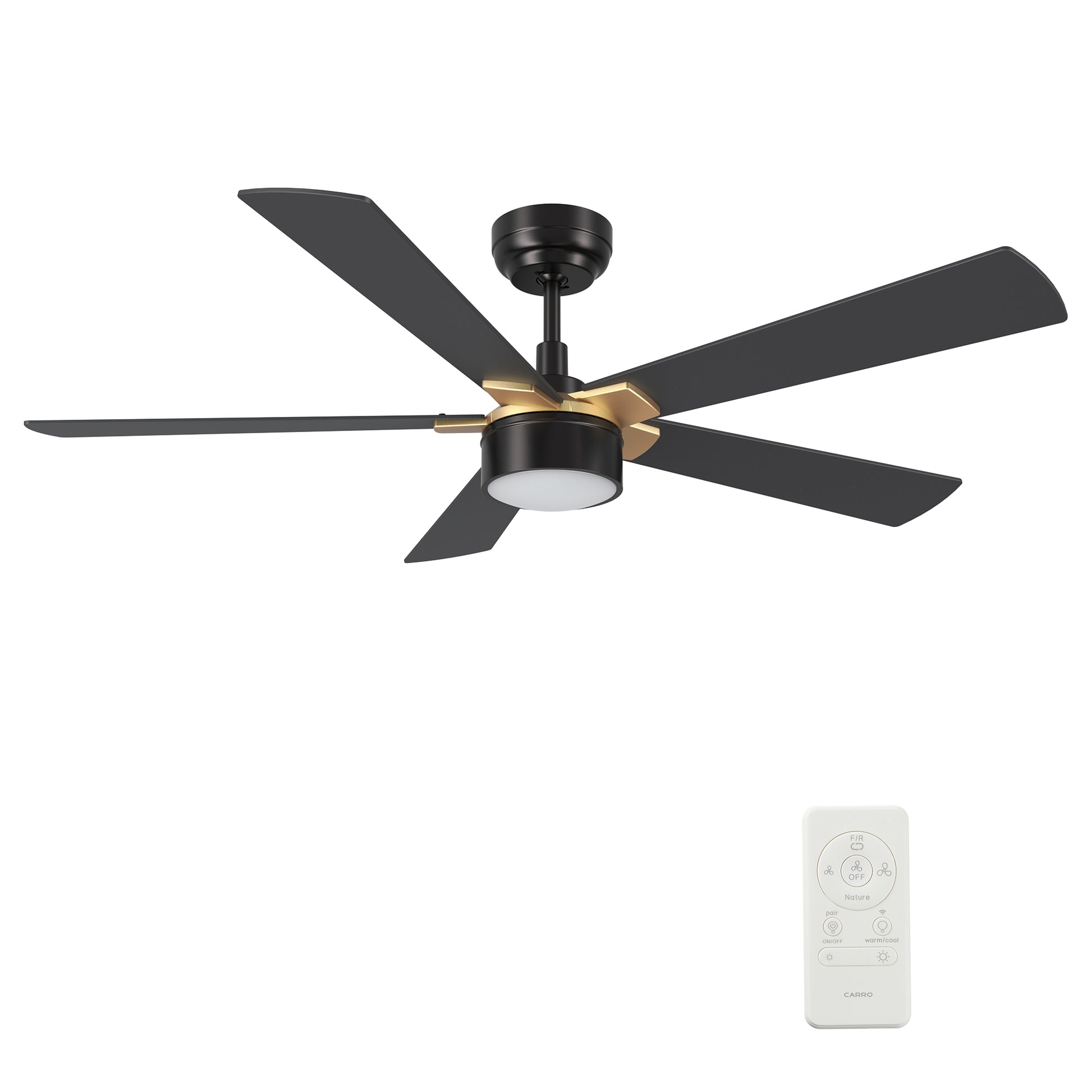 Carro STOCKTON 52 inch 5-Blade Smart Ceiling Fan with LED Light Kit & Remote Control- Black/Black (Gold Details)