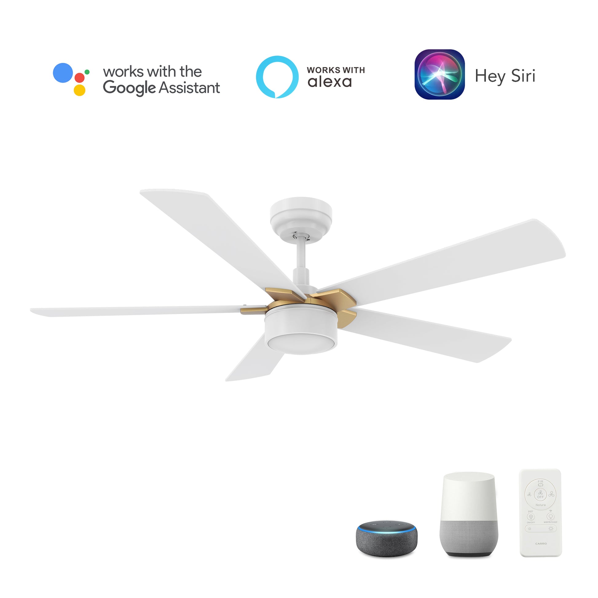 Carro STOCKTON 52 inch 5-Blade Smart Ceiling Fan with LED Light Kit & Remote Control- White/White (Gold Details)
