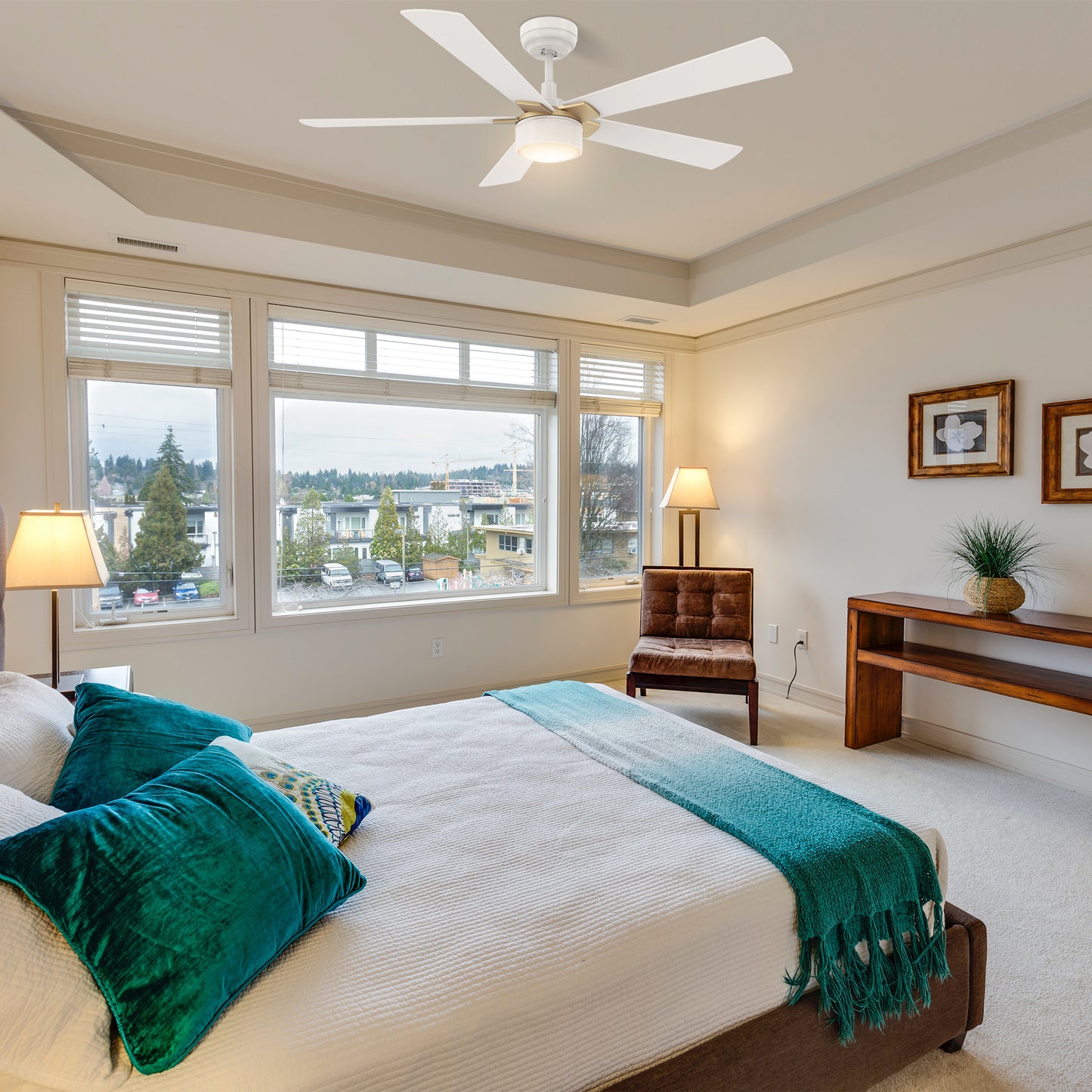 Carro STOCKTON 52 inch 5-Blade Smart Ceiling Fan with LED Light Kit & Remote Control- White/White (Gold Details)