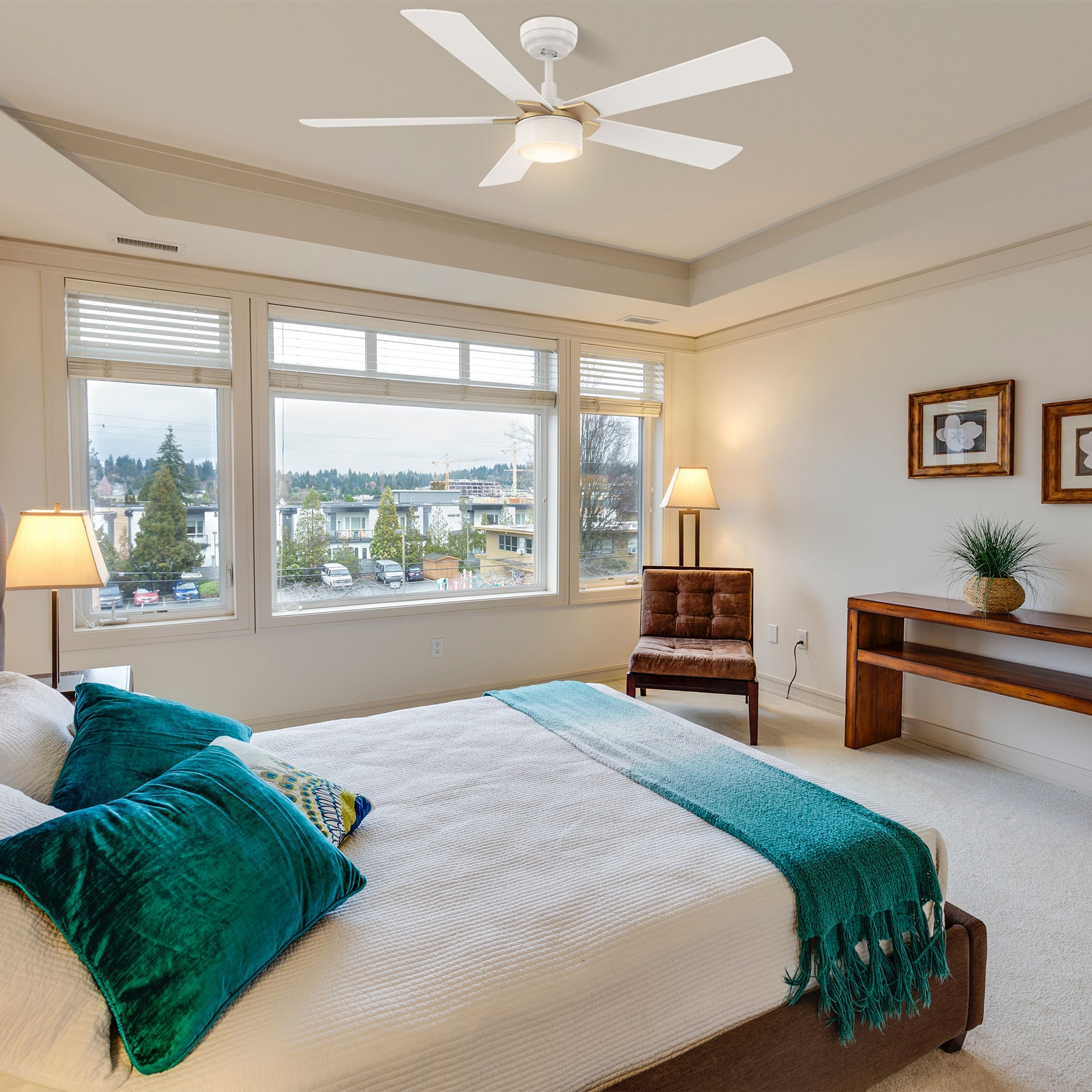Carro STOCKTON 52 inch 5-Blade Smart Ceiling Fan with LED Light Kit & Remote Control- White/White (Gold Details)