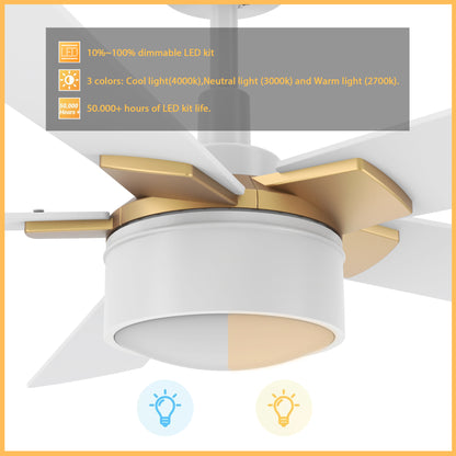 Carro STOCKTON 52 inch 5-Blade Smart Ceiling Fan with LED Light Kit & Remote Control- White/White (Gold Details)