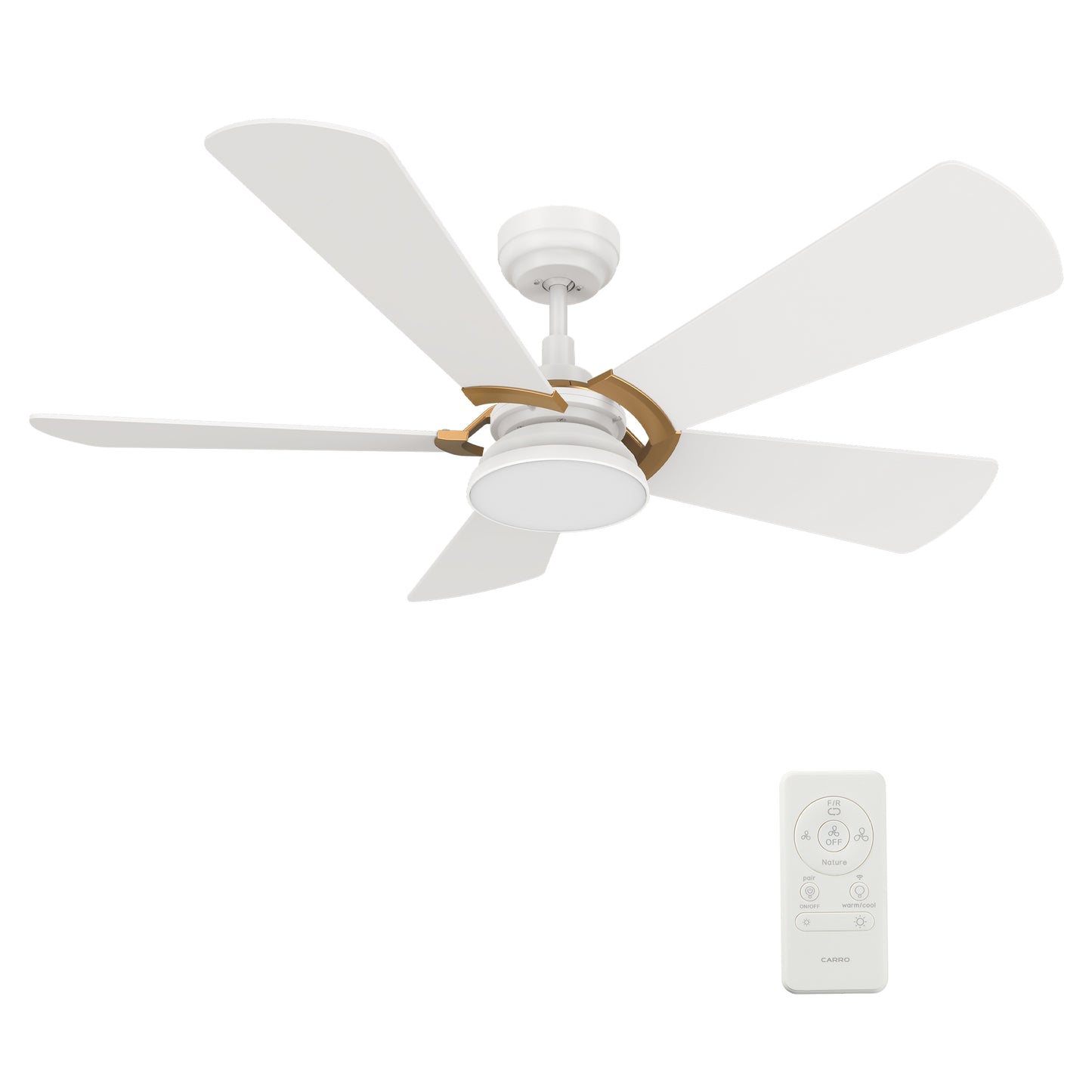Carro SAVILI 52 inch 5-Blade Smart Ceiling Fan with LED Light Kit & Remote Control- White/White (Gold Details)