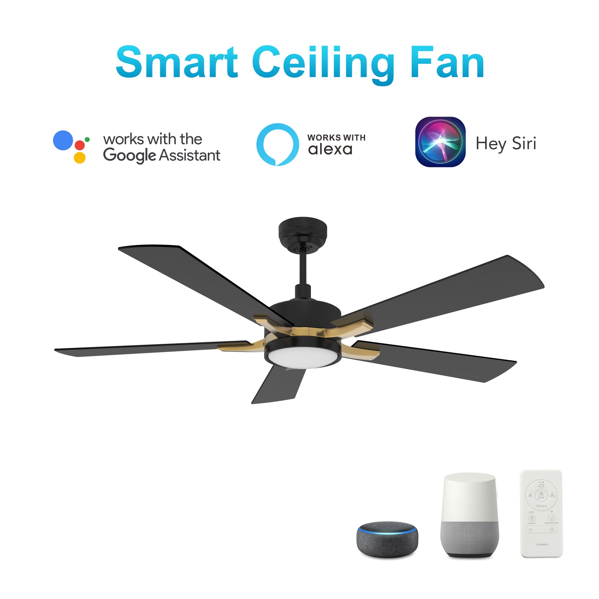 Carro Home APPLETON 52 inch 5-Blade Smart Ceiling Fan with LED Light Kit & Remote Control- Black/Black (Gold Details) fan blades