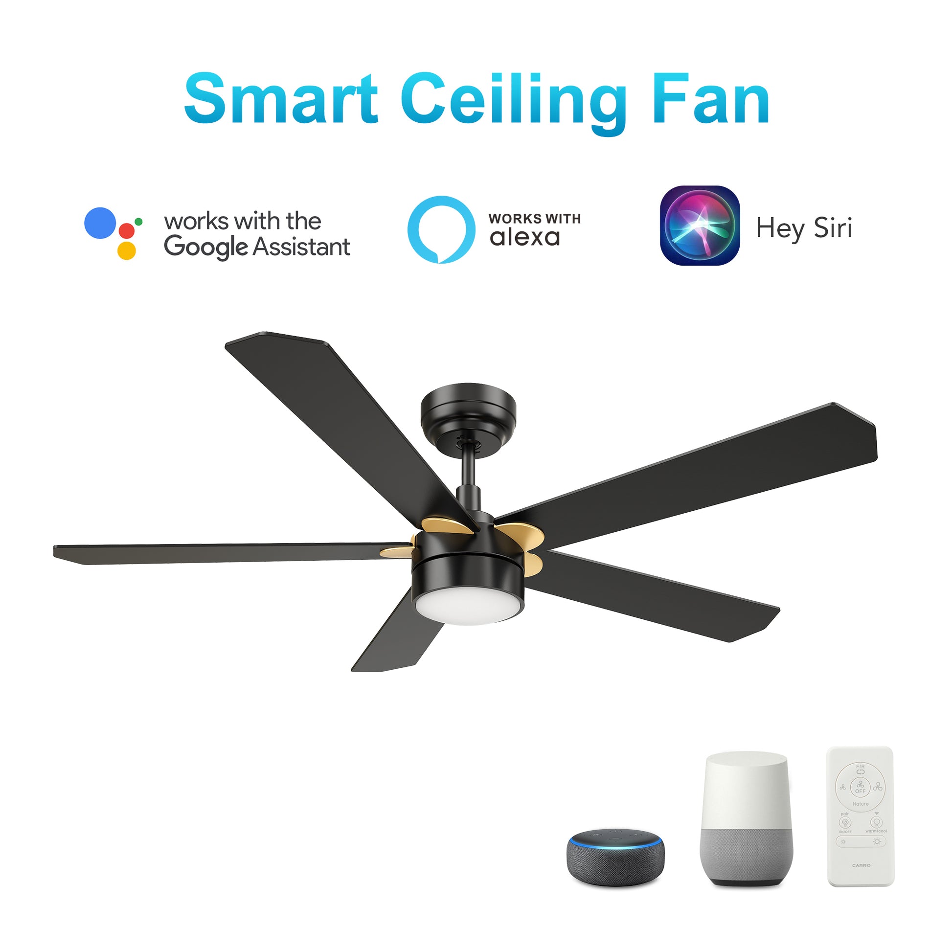 Carro TARRASA 52 inch 5-Blade Smart Ceiling Fan with LED Light Kit & Remote Control- Black/Black (Gold Details)