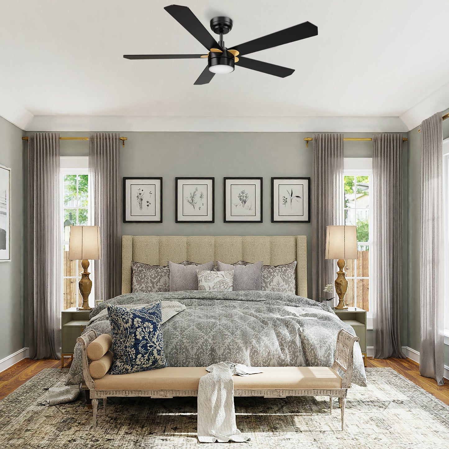Carro TARRASA 52 inch 5-Blade Smart Ceiling Fan with LED Light Kit & Remote Control- Black/Black (Gold Details)
