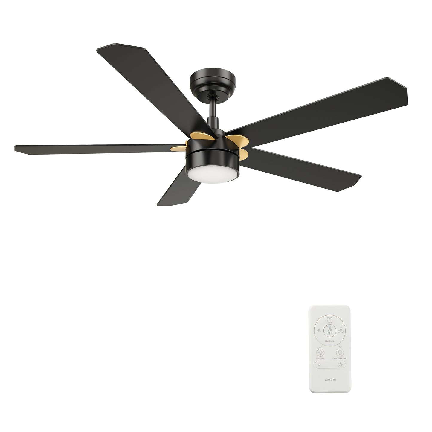 Carro TARRASA 52 inch 5-Blade Smart Ceiling Fan with LED Light Kit & Remote Control- Black/Black (Gold Details)