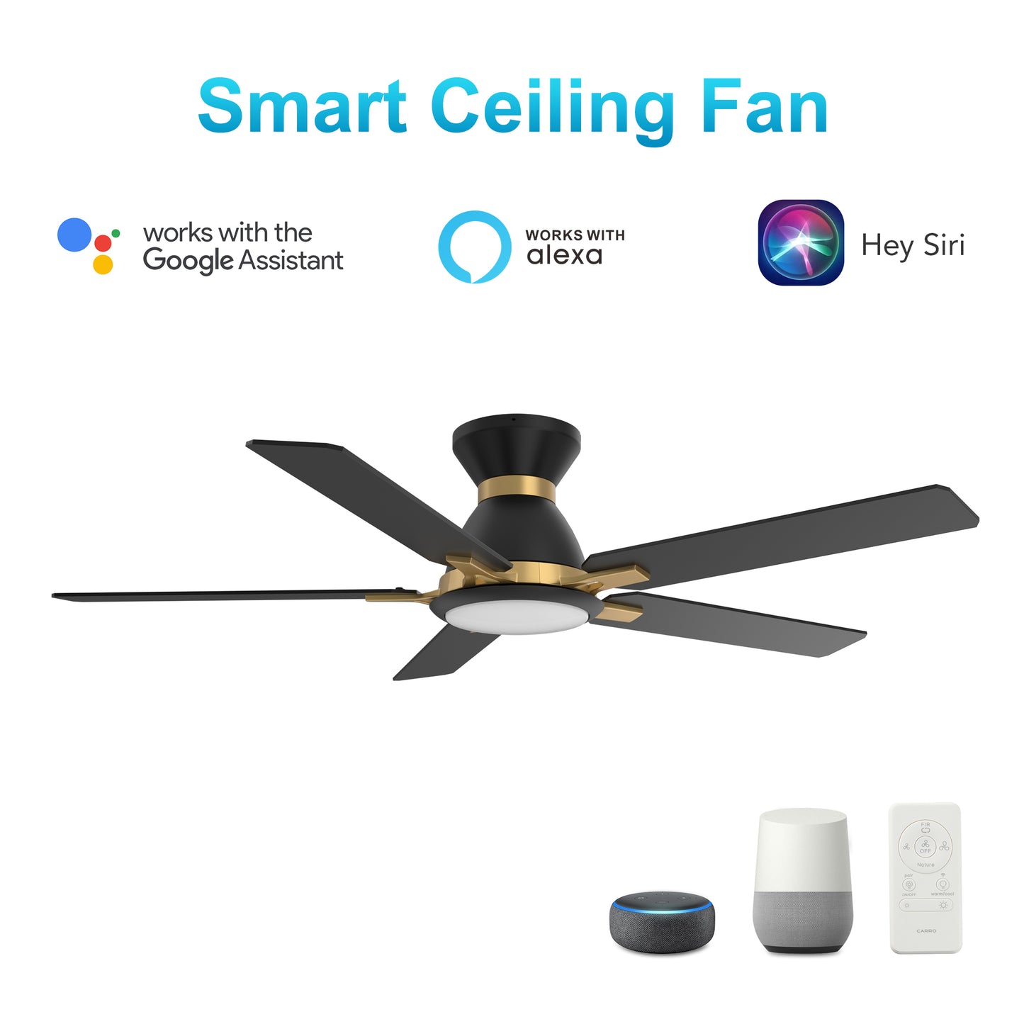 Carro Home ESPEAR 52 inch Flush Mount 5-Blade Smart Ceiling Fan with LED Light Kit & Remote - Black/Black (Gold Detail) fan blades