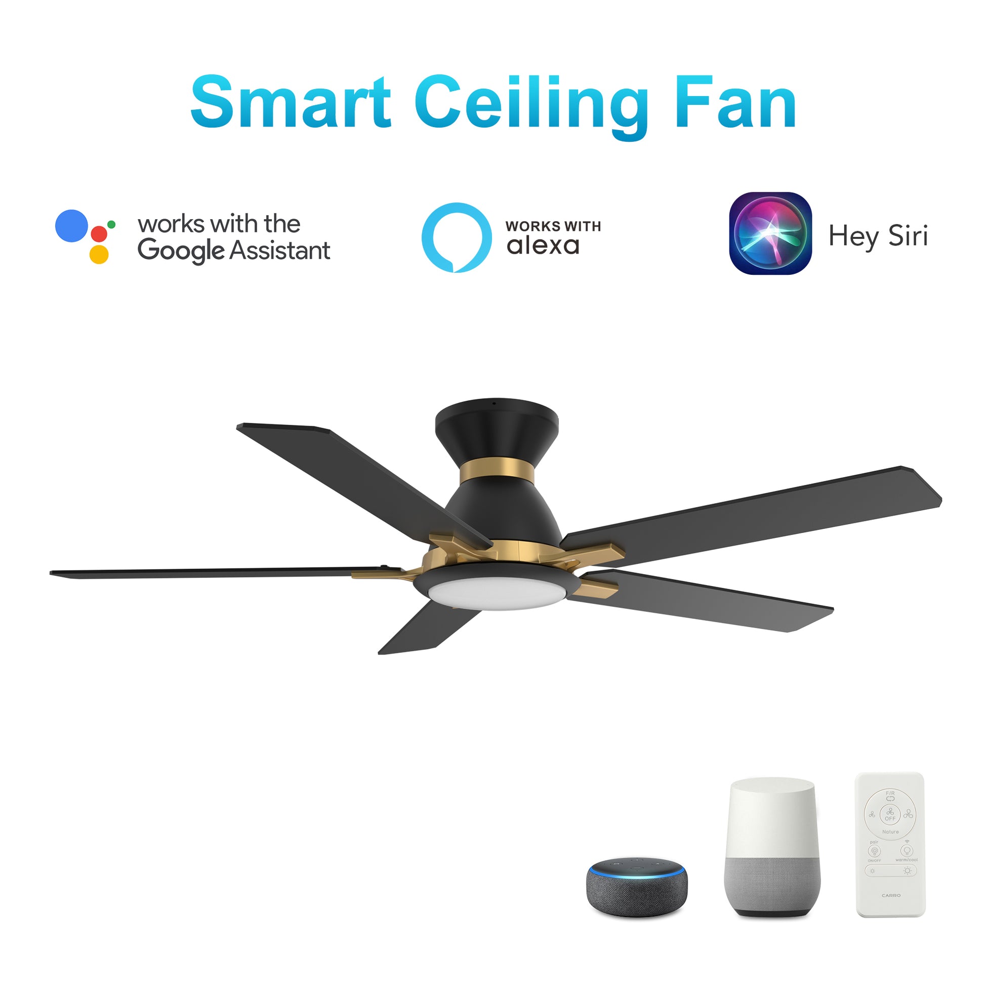 Carro Home ESPEAR 52 inch Flush Mount 5-Blade Smart Ceiling Fan with LED Light Kit & Remote - Black/Black (Gold Detail) fan blades