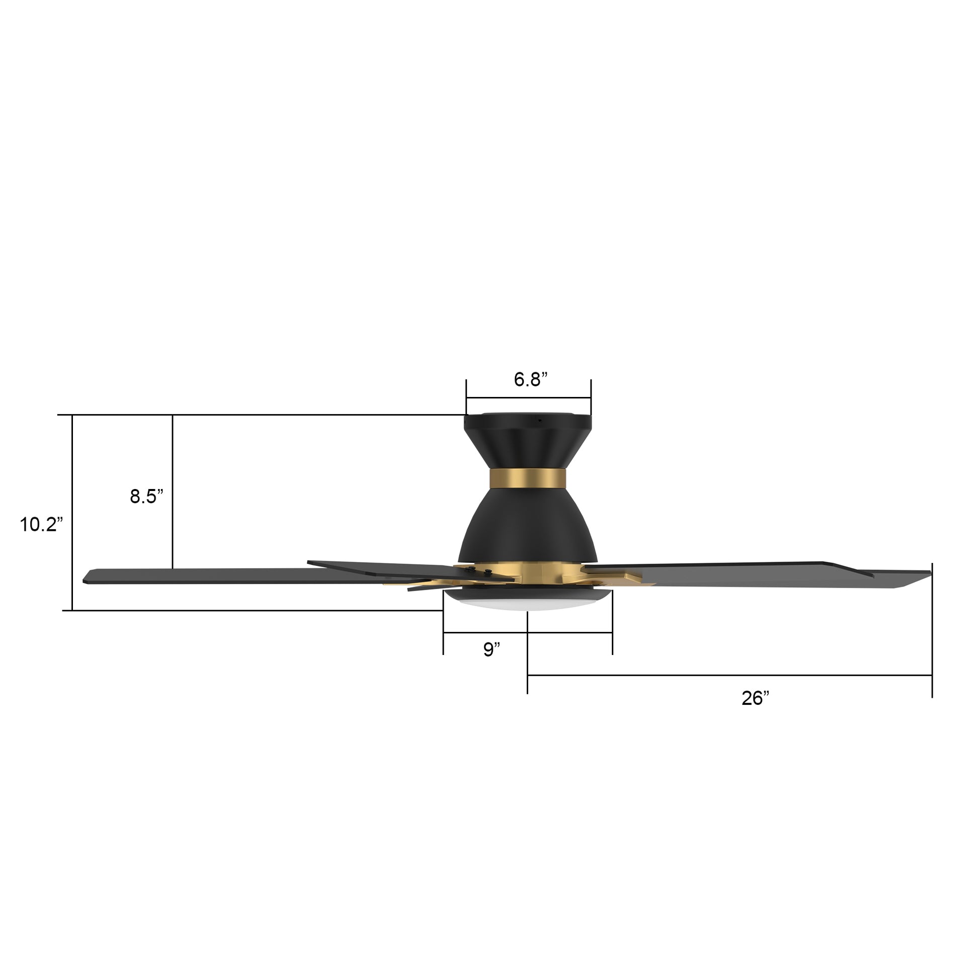 Carro Home ESPEAR 52 inch Flush Mount 5-Blade Smart Ceiling Fan with LED Light Kit & Remote - Black/Black (Gold Detail) fan blades