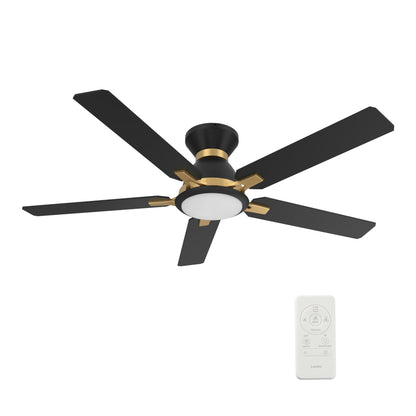 Carro Home ESPEAR 52 inch Flush Mount 5-Blade Smart Ceiling Fan with LED Light Kit & Remote - Black/Black (Gold Detail) fan blades