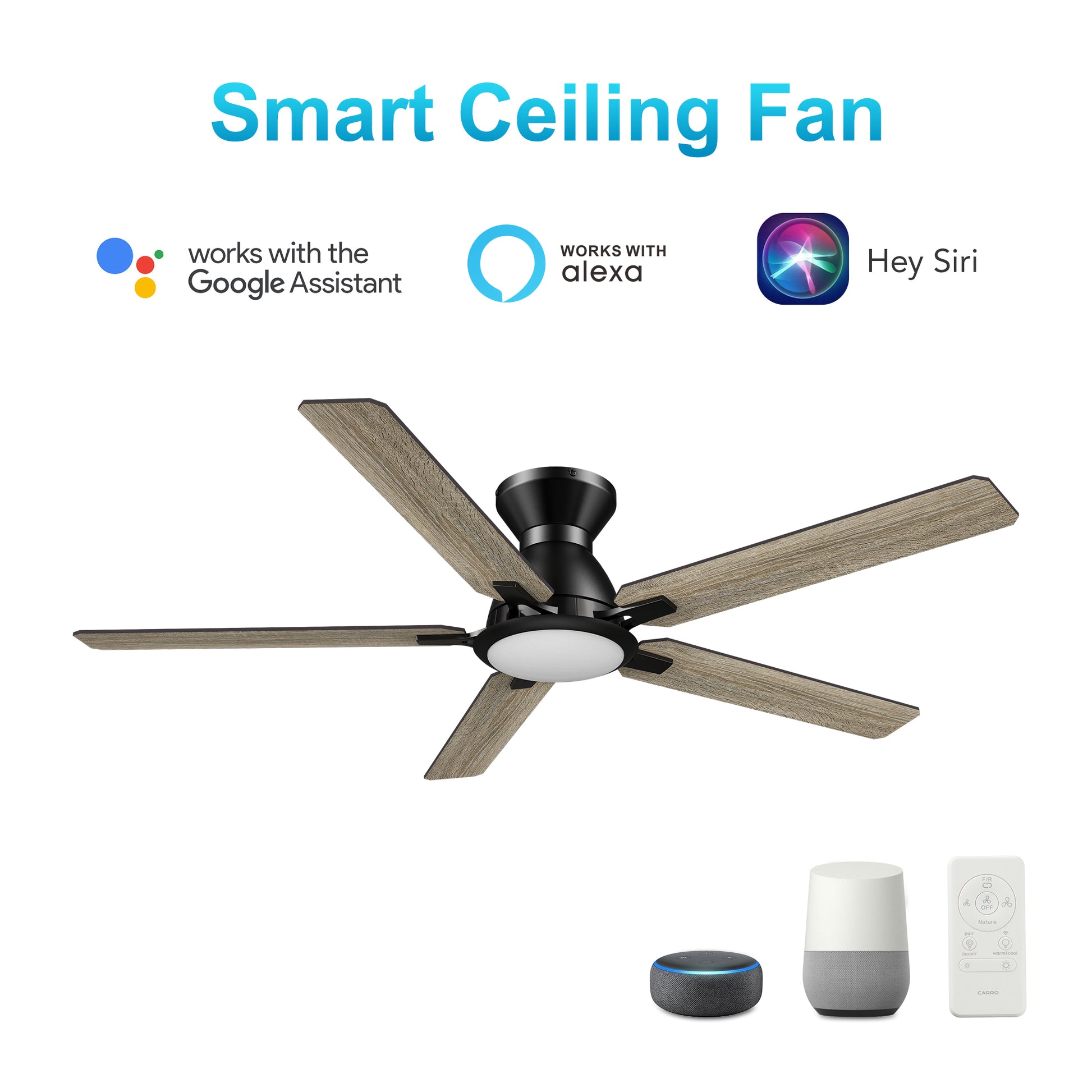 Carro ESPEAR 52 inch Flush Mount 5-Blade Smart Ceiling Fan with LED Light Kit & Remote - Black/Walnut & Barnwood (Reversible Blades)