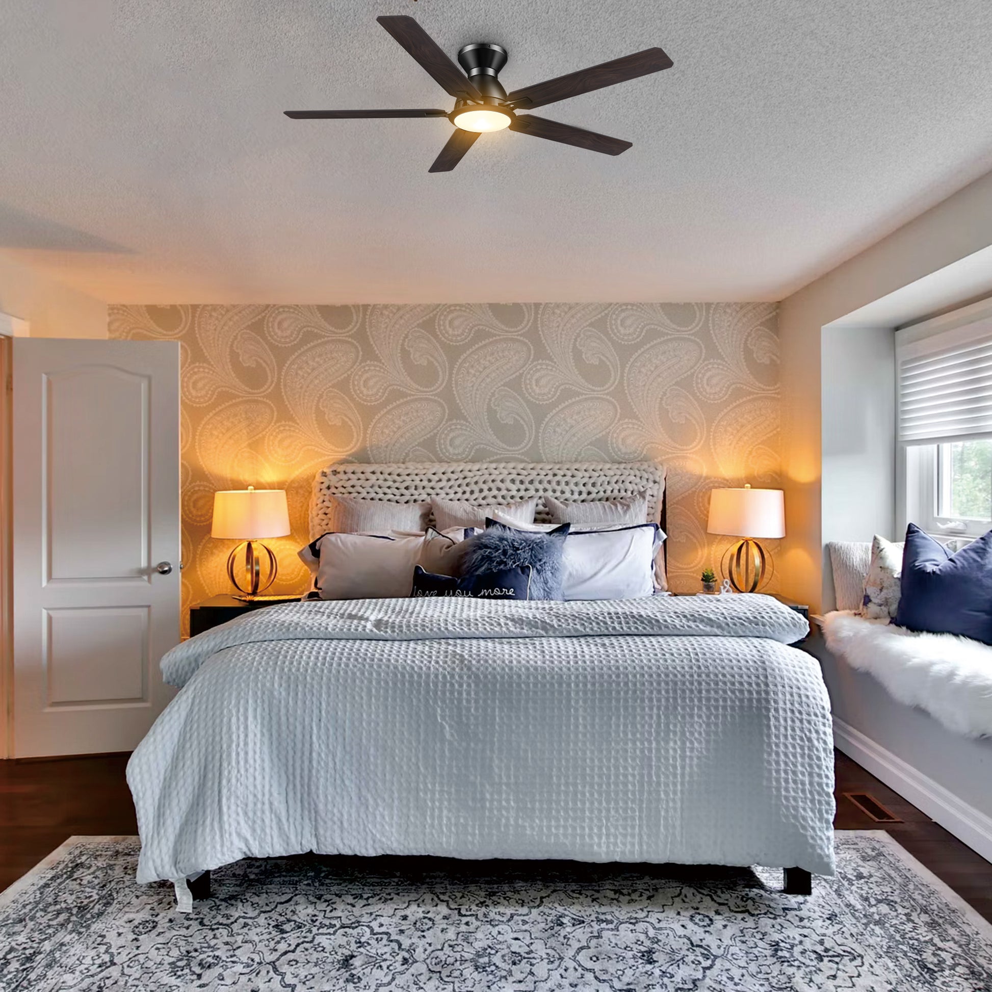 Carro ESPEAR 52 inch Flush Mount 5-Blade Smart Ceiling Fan with LED Light Kit & Remote - Black/Walnut & Barnwood (Reversible Blades)