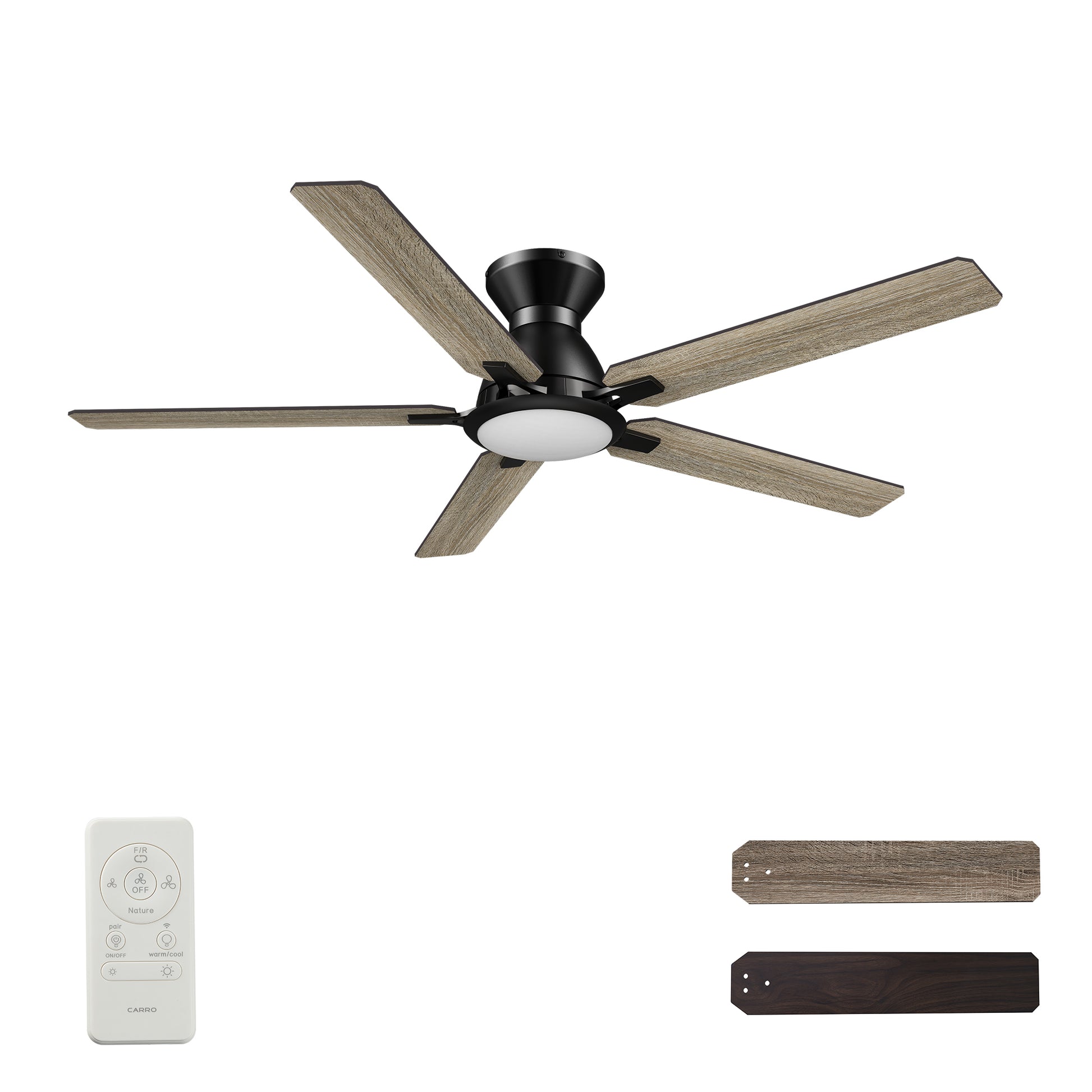 Carro ESPEAR 52 inch Flush Mount 5-Blade Smart Ceiling Fan with LED Light Kit & Remote - Black/Walnut & Barnwood (Reversible Blades)