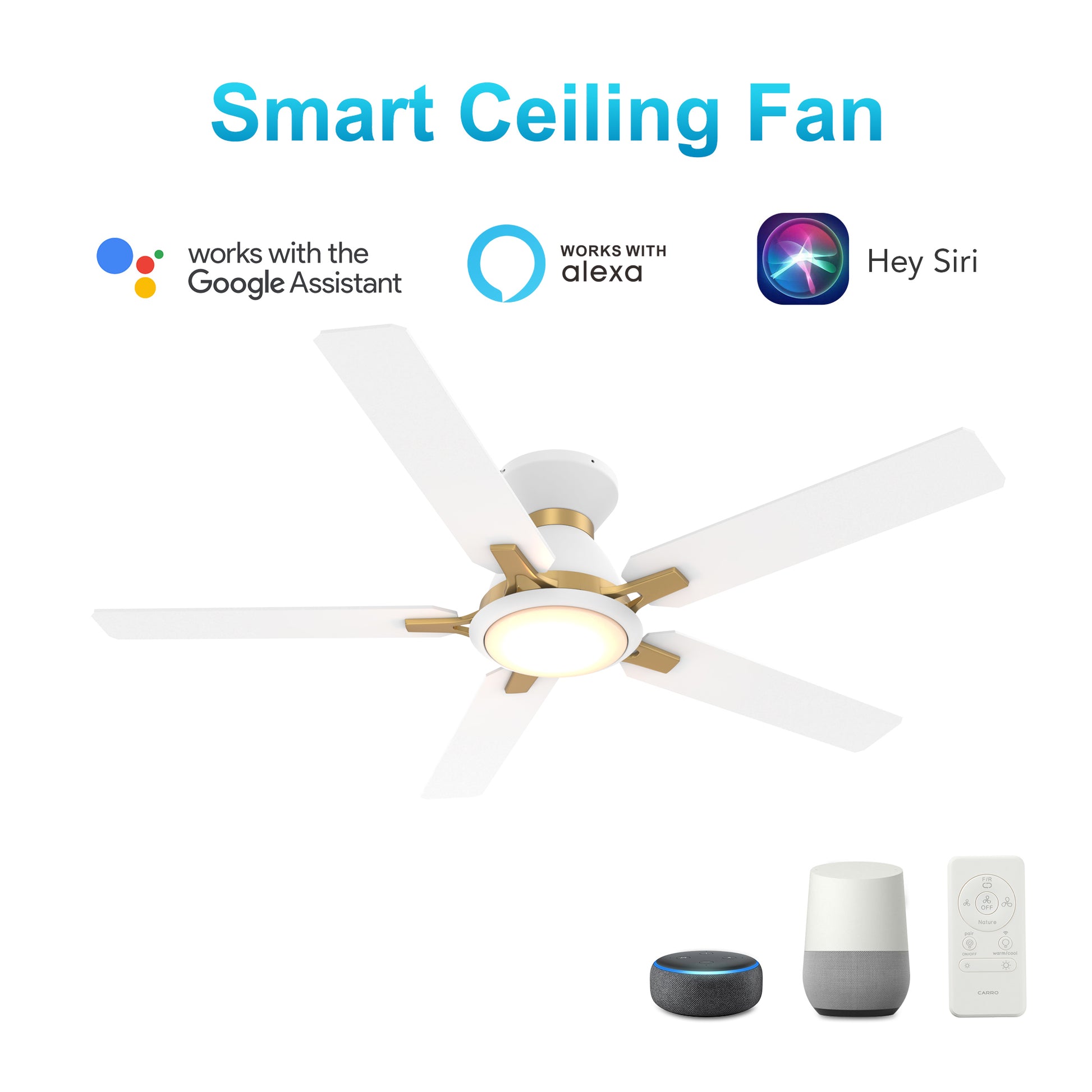 Carro Home ESPEAR 52 inch Flush Mount 5-Blade Smart Ceiling Fan with LED Light Kit & Remote - White/White fan blades