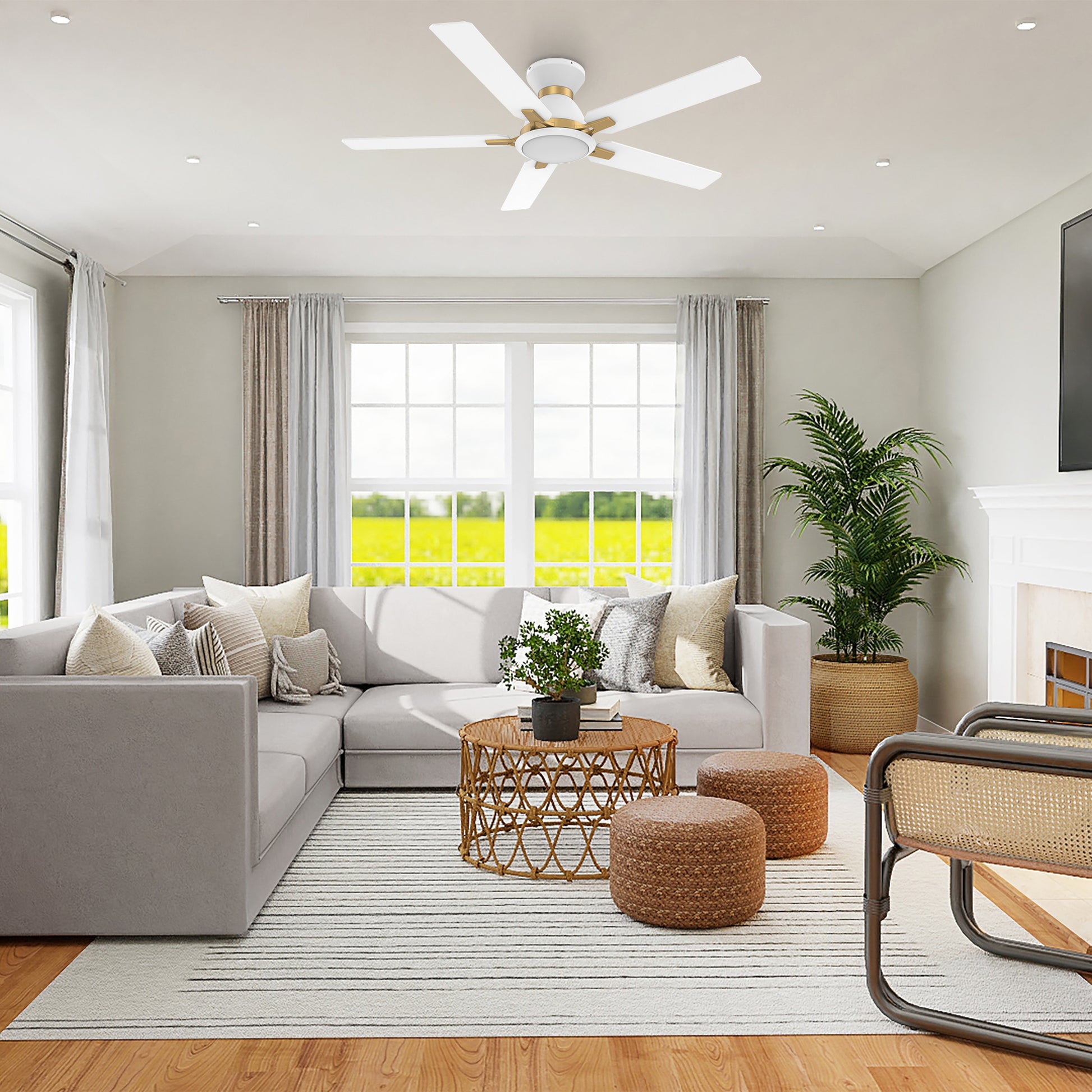 Carro Home ESPEAR 52 inch Flush Mount 5-Blade Smart Ceiling Fan with LED Light Kit & Remote - White/White fan blades