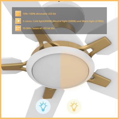 Carro Home ESPEAR 52 inch Flush Mount 5-Blade Smart Ceiling Fan with LED Light Kit & Remote - White/White fan blades