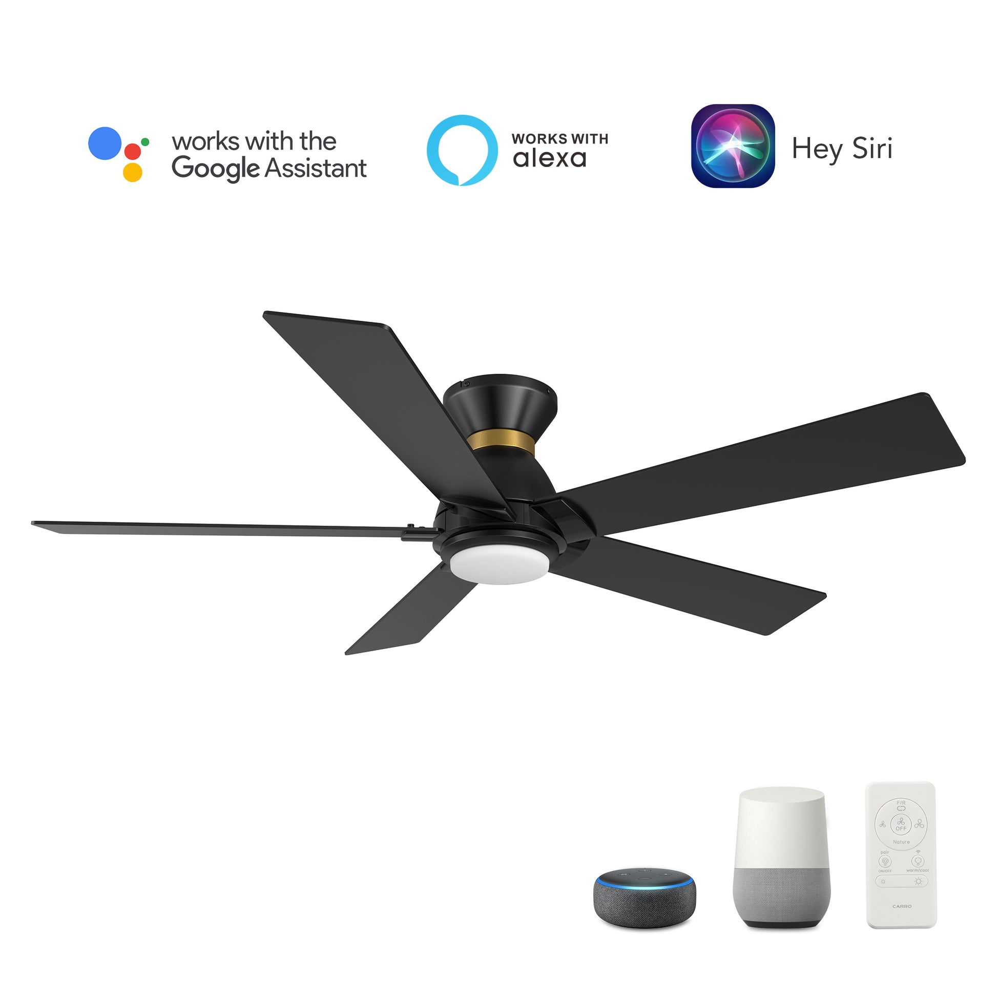 Carro Home ASCENDER 52 inch 5-Blade Flush Mount Smart Ceiling Fan with LED Light & Remote Control - Black/Black (Gold Rim)