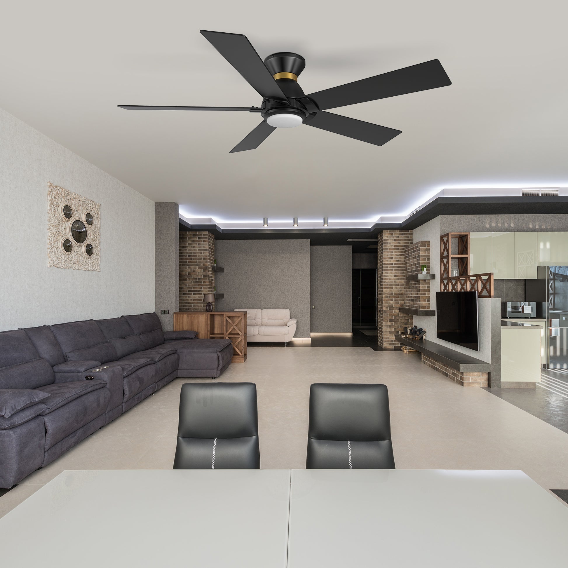Carro Home ASCENDER 52 inch 5-Blade Flush Mount Smart Ceiling Fan with LED Light & Remote Control - Black/Black (Gold Rim)