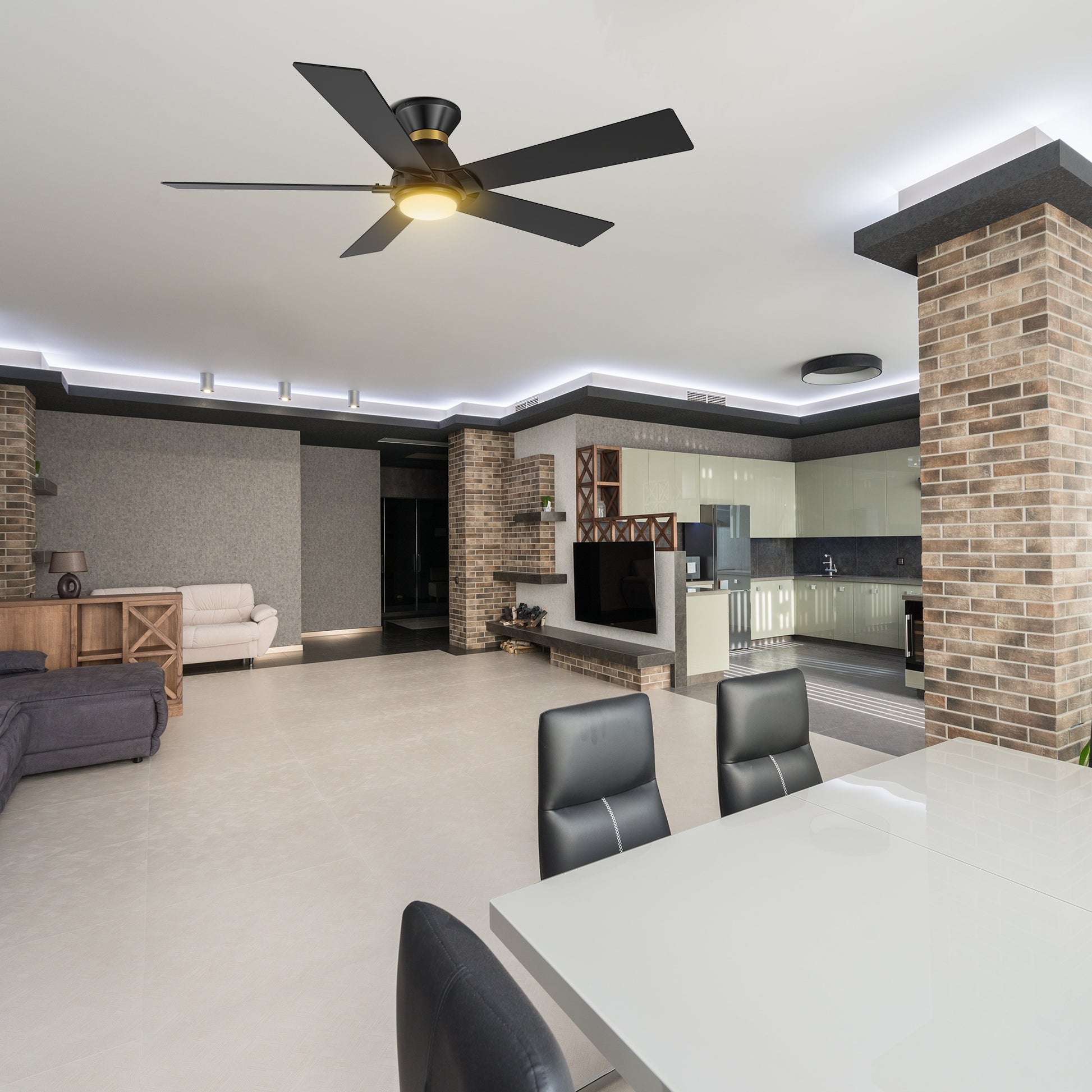 Carro Home ASCENDER 52 inch 5-Blade Flush Mount Smart Ceiling Fan with LED Light & Remote Control - Black/Black (Gold Rim)