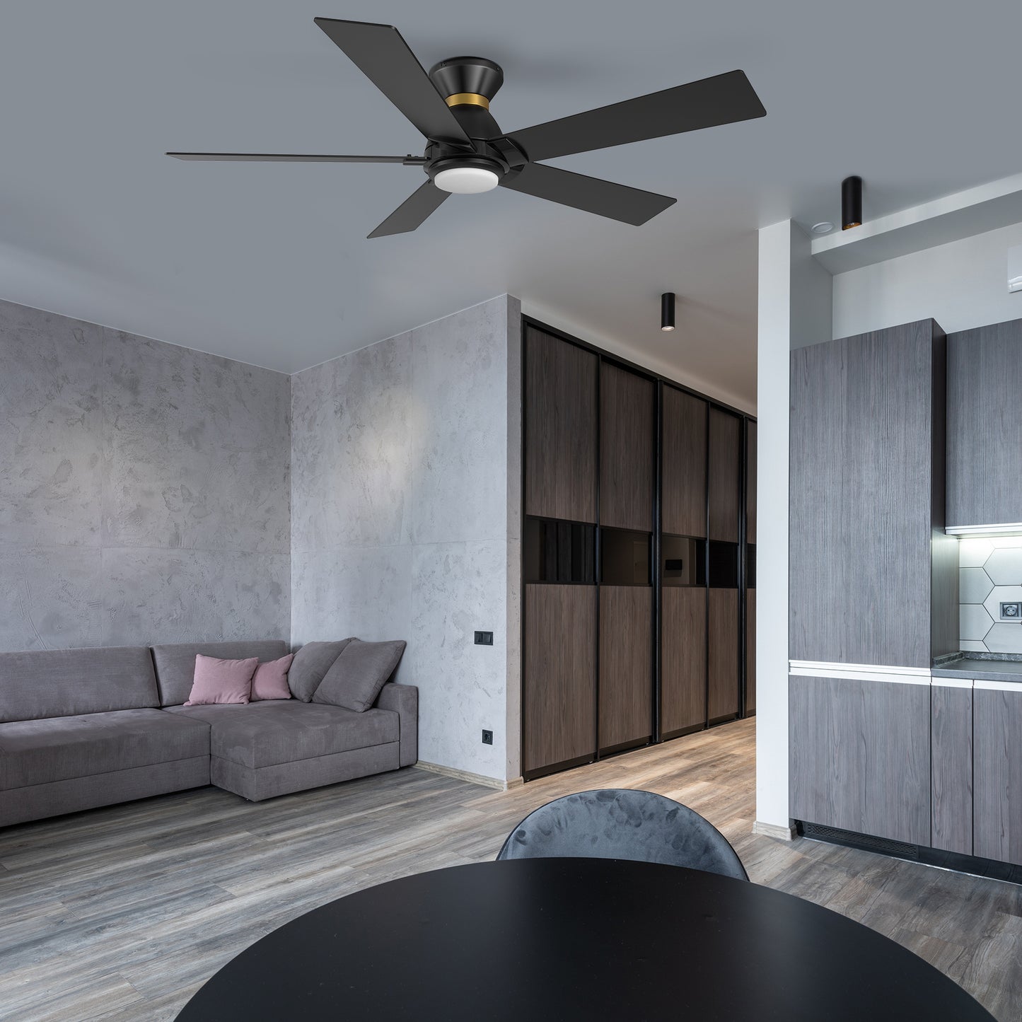 Carro Home ASCENDER 52 inch 5-Blade Flush Mount Smart Ceiling Fan with LED Light & Remote Control - Black/Black (Gold Rim)