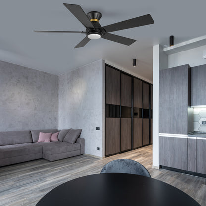 Carro Home ASCENDER 52 inch 5-Blade Flush Mount Smart Ceiling Fan with LED Light & Remote Control - Black/Black (Gold Rim)
