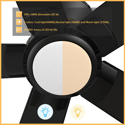Carro Home ASCENDER 52 inch 5-Blade Flush Mount Smart Ceiling Fan with LED Light & Remote Control - Black/Black (Gold Rim)