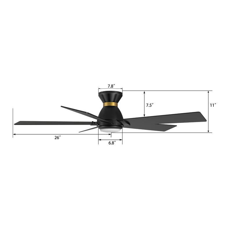 Carro Home ASCENDER 52 inch 5-Blade Flush Mount Smart Ceiling Fan with LED Light & Remote Control - Black/Black (Gold Rim)