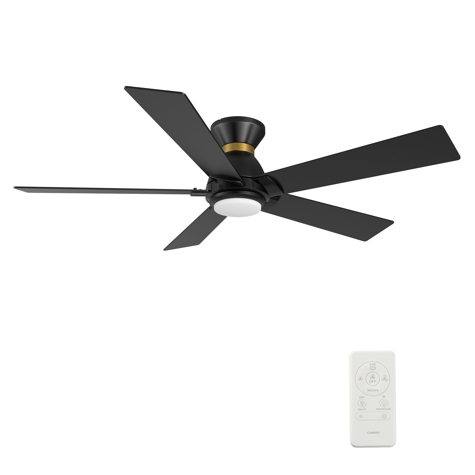 Carro Home ASCENDER 52 inch 5-Blade Flush Mount Smart Ceiling Fan with LED Light & Remote Control - Black/Black (Gold Rim)