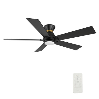 Carro Home ASCENDER 52 inch 5-Blade Flush Mount Smart Ceiling Fan with LED Light & Remote Control - Black/Black (Gold Rim)