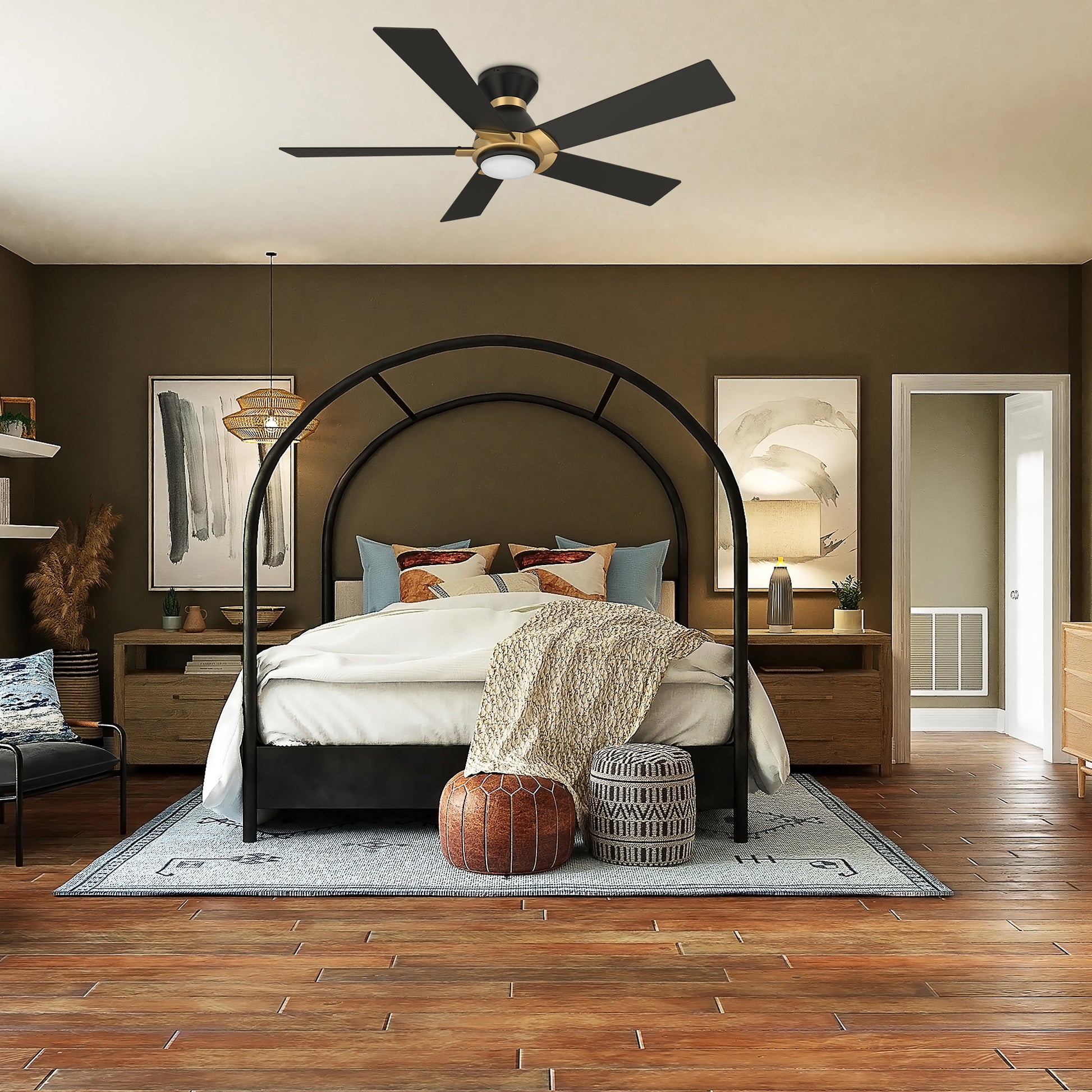 Carro ASCENDER 52 inch 5-Blade Flush Mount Smart Ceiling Fan with LED Light & Remote Control - Black/Black (Gold Detail)
