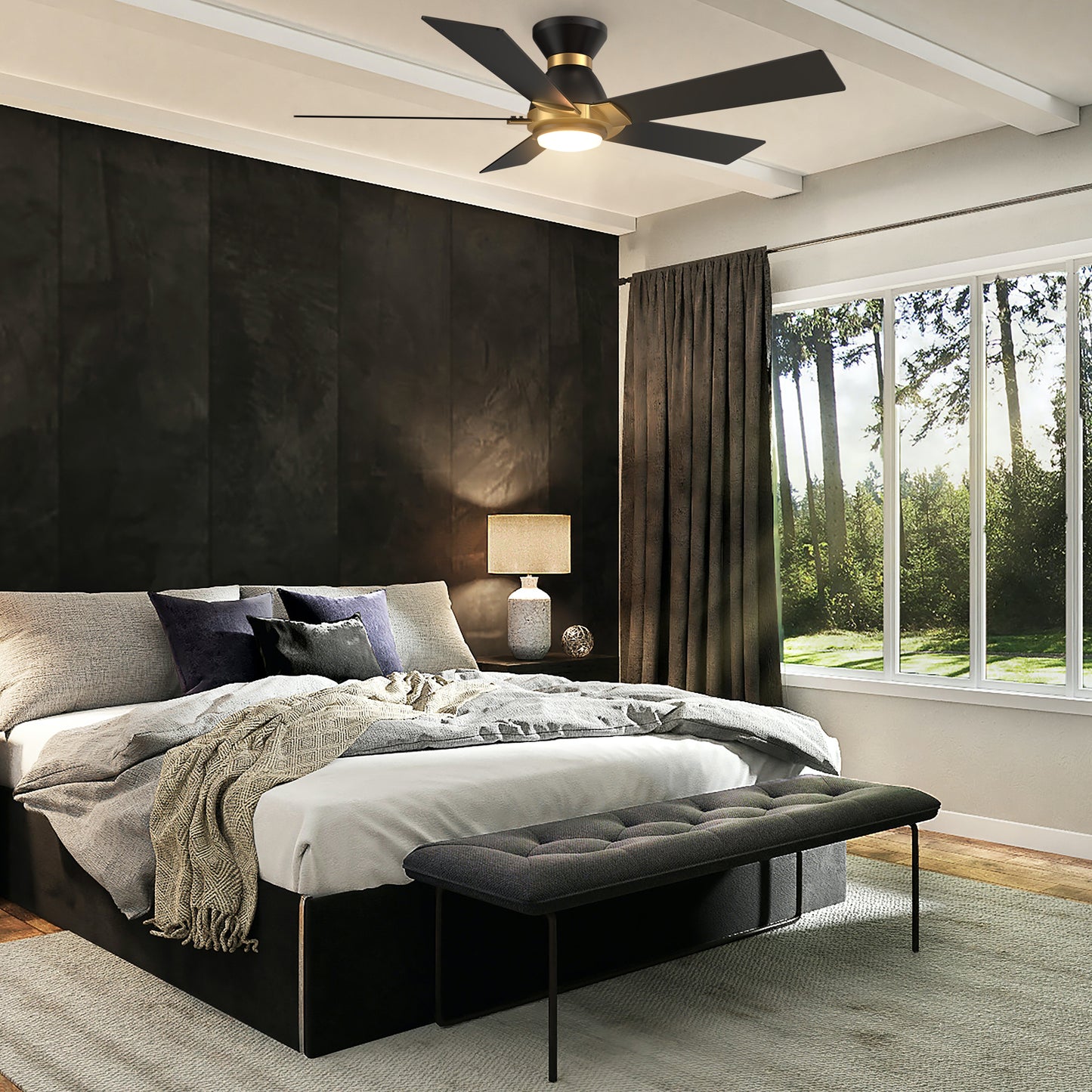 Carro ASCENDER 52 inch 5-Blade Flush Mount Smart Ceiling Fan with LED Light & Remote Control - Black/Black (Gold Detail)